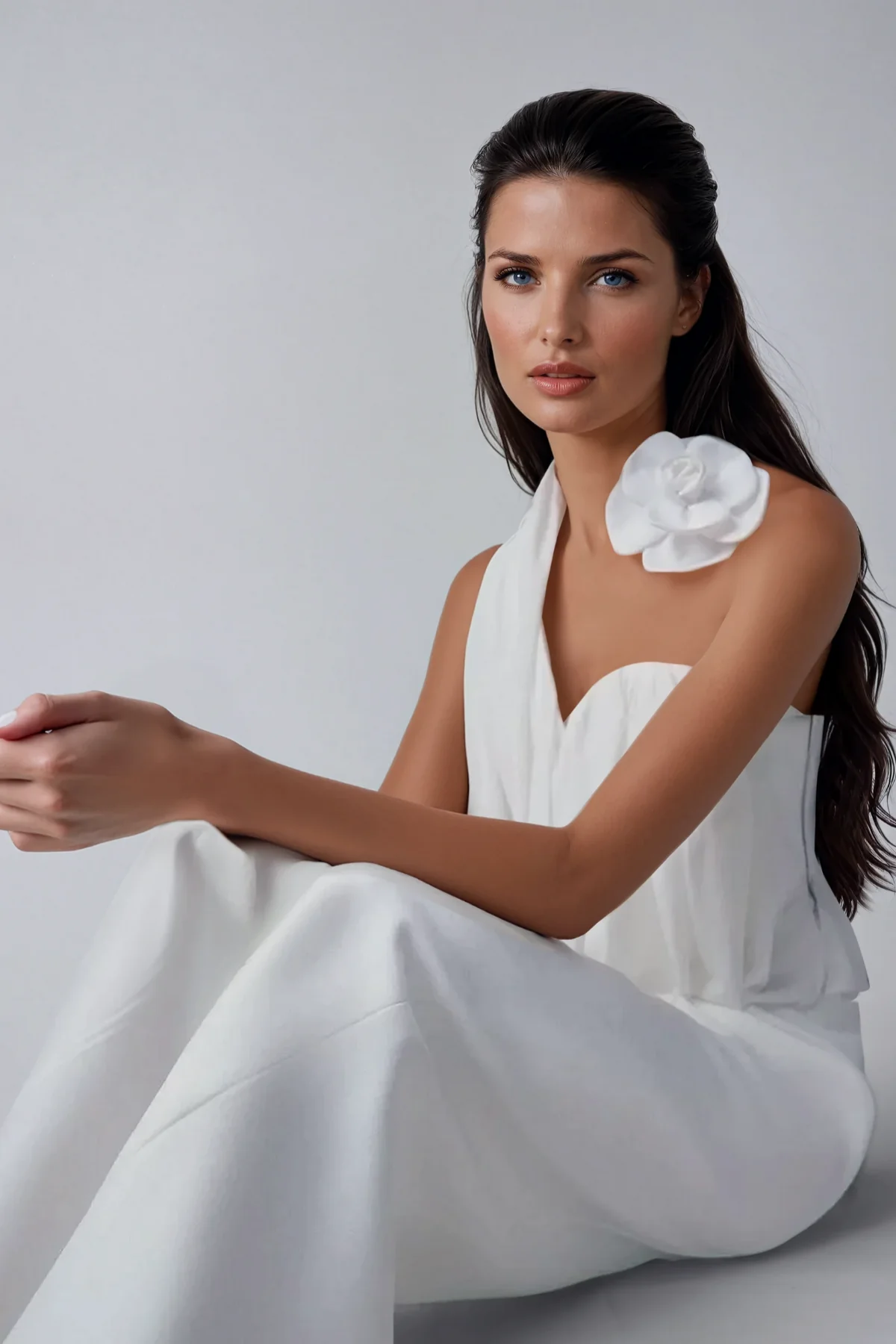 Chic White Flower Asymmetric Ruch Top for Women