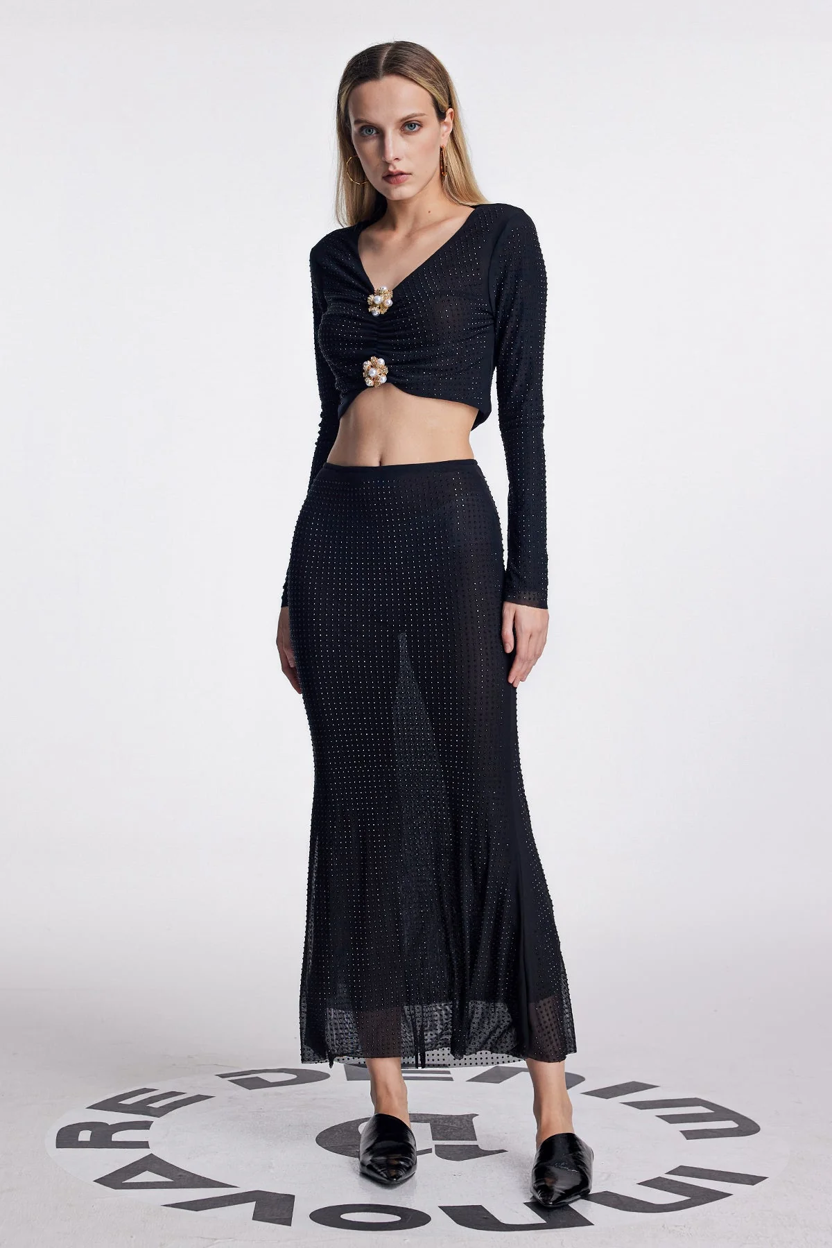 Dot Flower Ruffle Skirt Set - Womens Chic Black Fashion