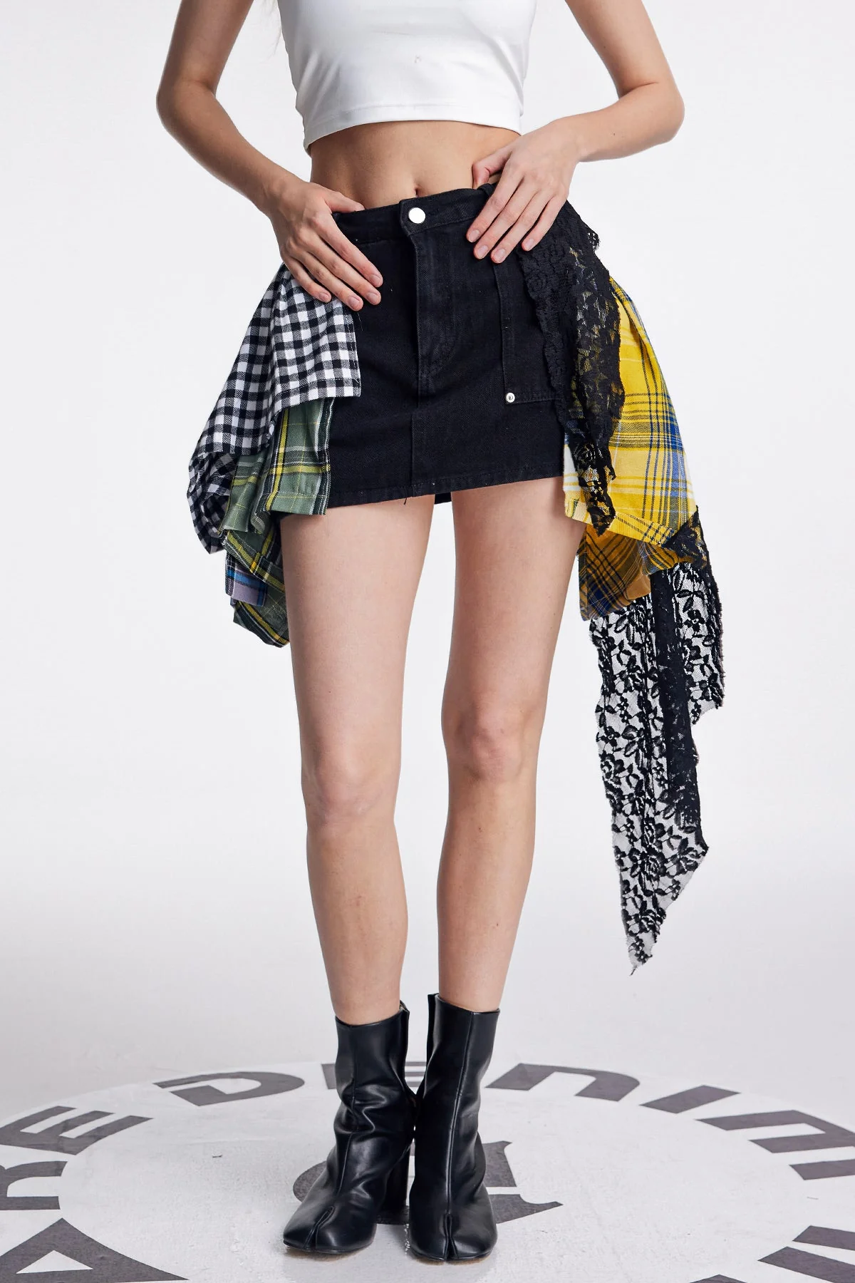 Deconstructed Lace Grid Black Denim Skirt | Stylish & Unique