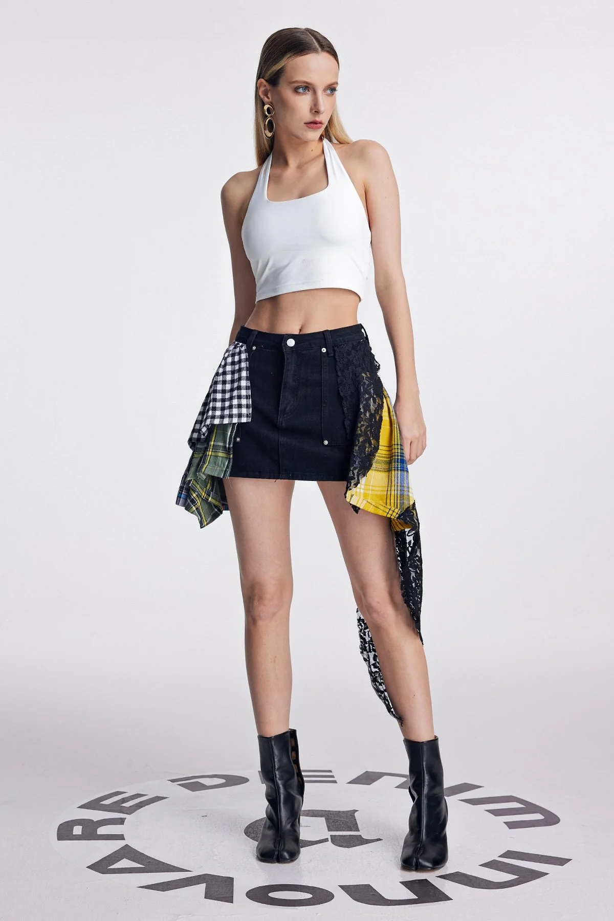 Deconstructed Lace Grid Black Denim Skirt | Stylish & Unique