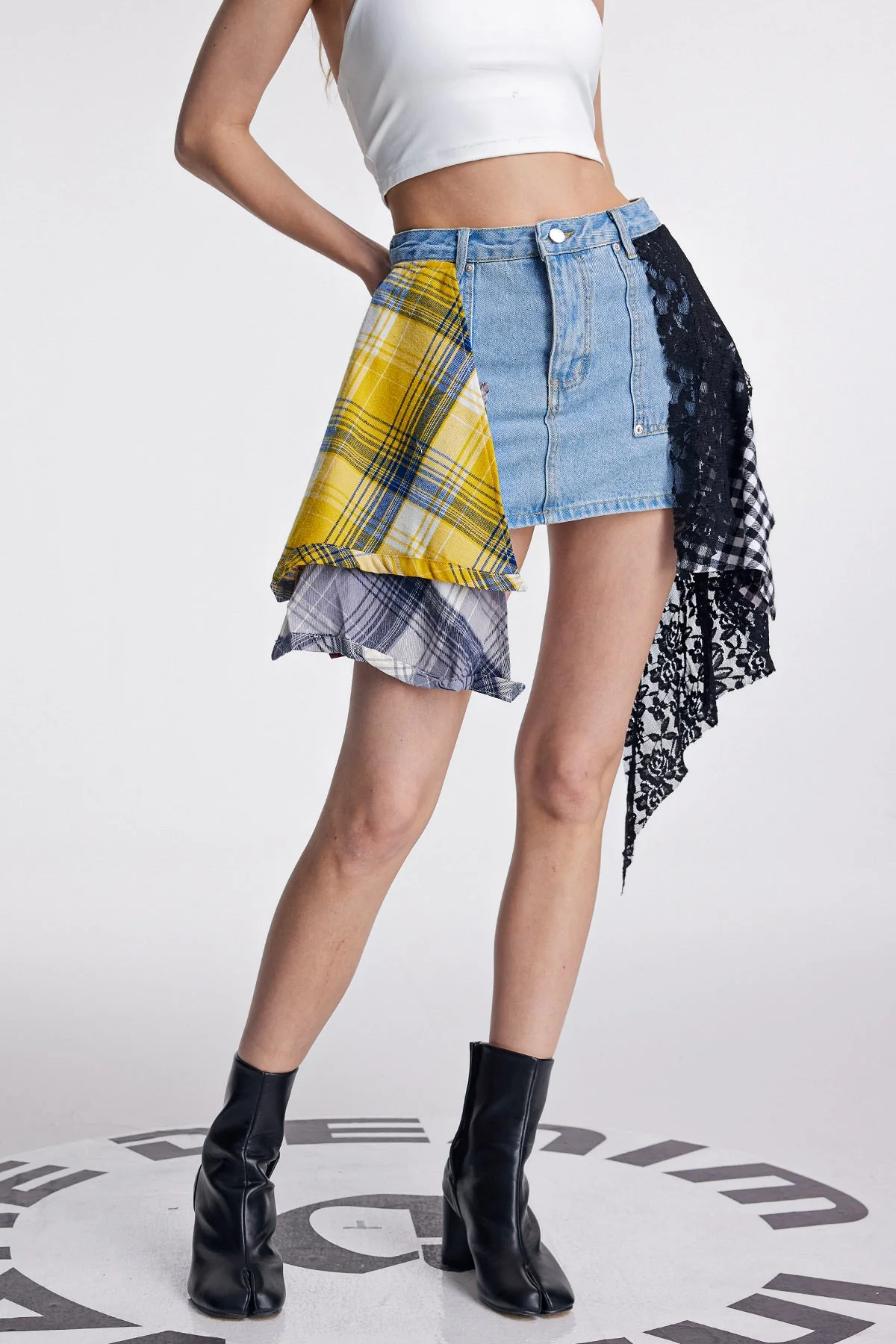 Blue Lace Grid Deconstruct Denim Skirt - Feminine & Stylish