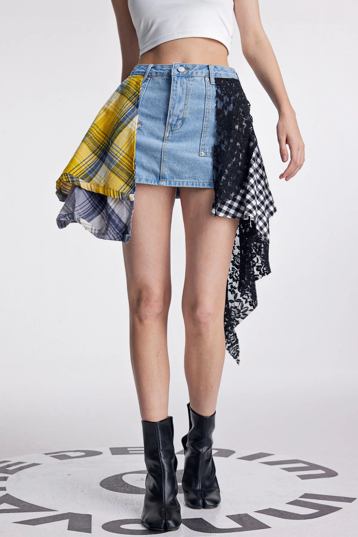 Blue Lace Grid Deconstruct Denim Skirt - Feminine & Stylish