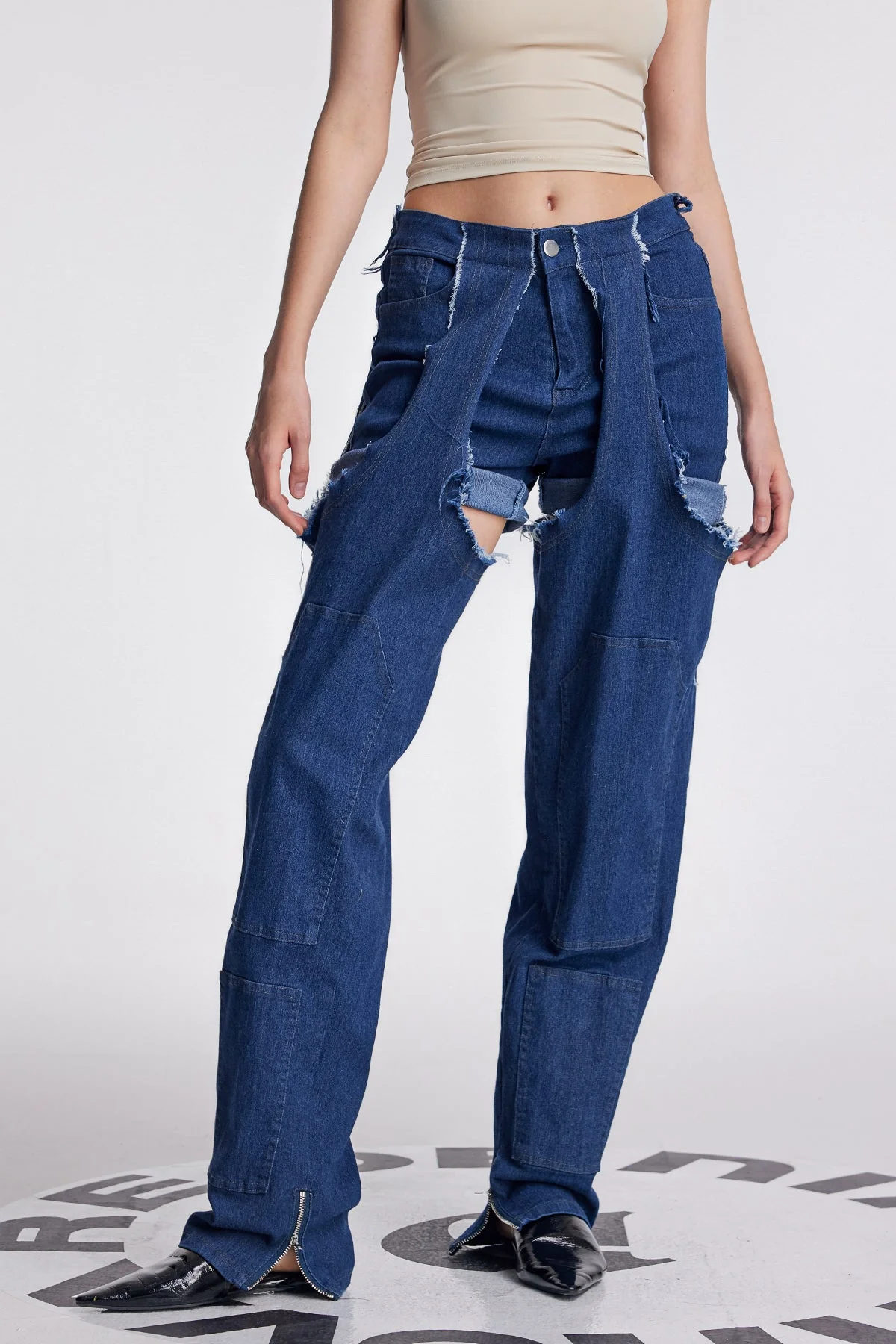 Deep Blue Deconstructed Fringe Jeans