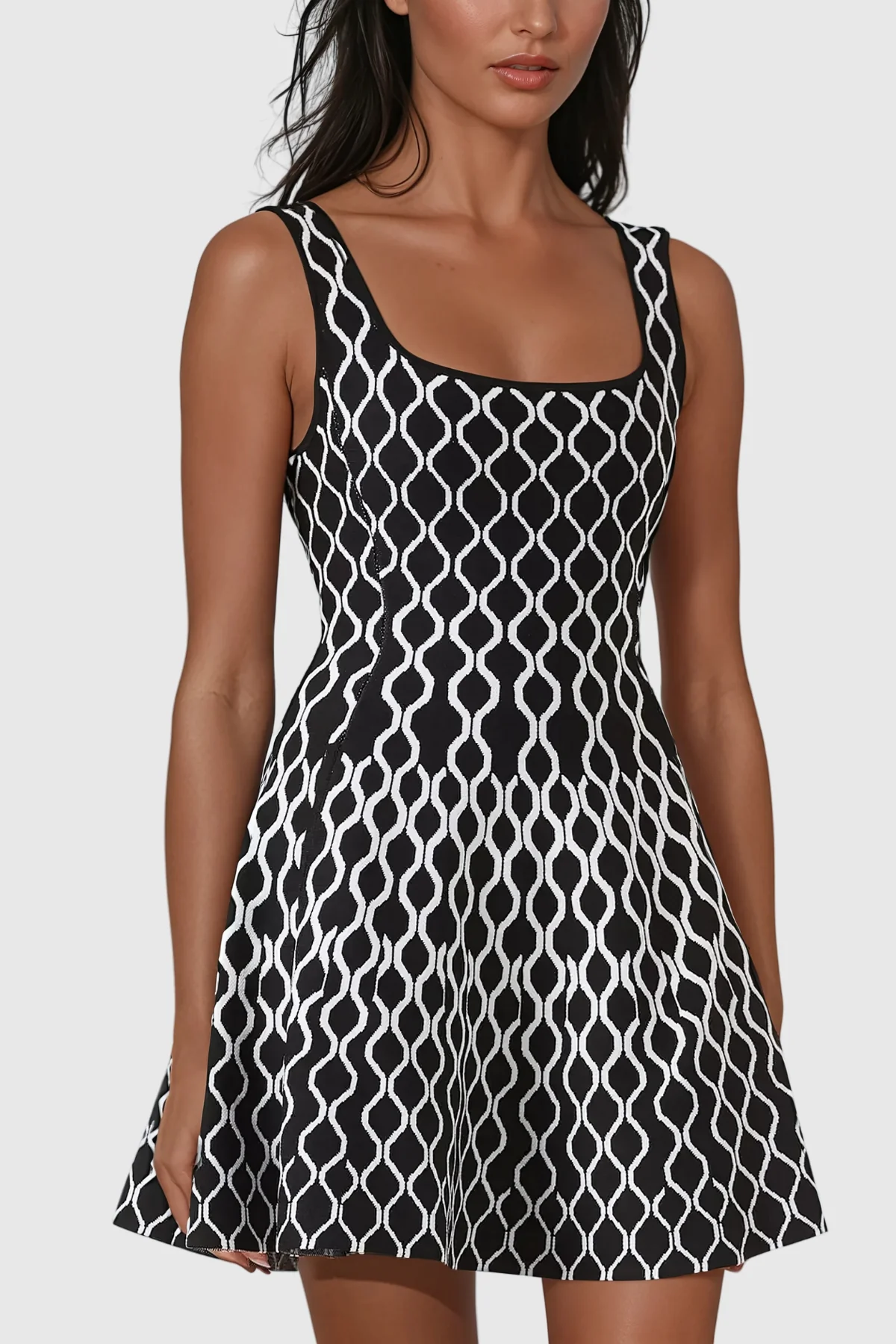 Black Grid Sleeveless Knit Mini Dress - Chic Ruffle Design