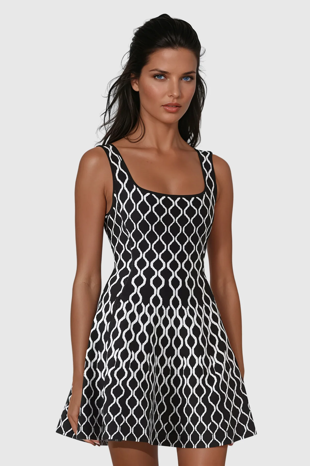 Black Grid Sleeveless Knit Mini Dress - Chic Ruffle Design