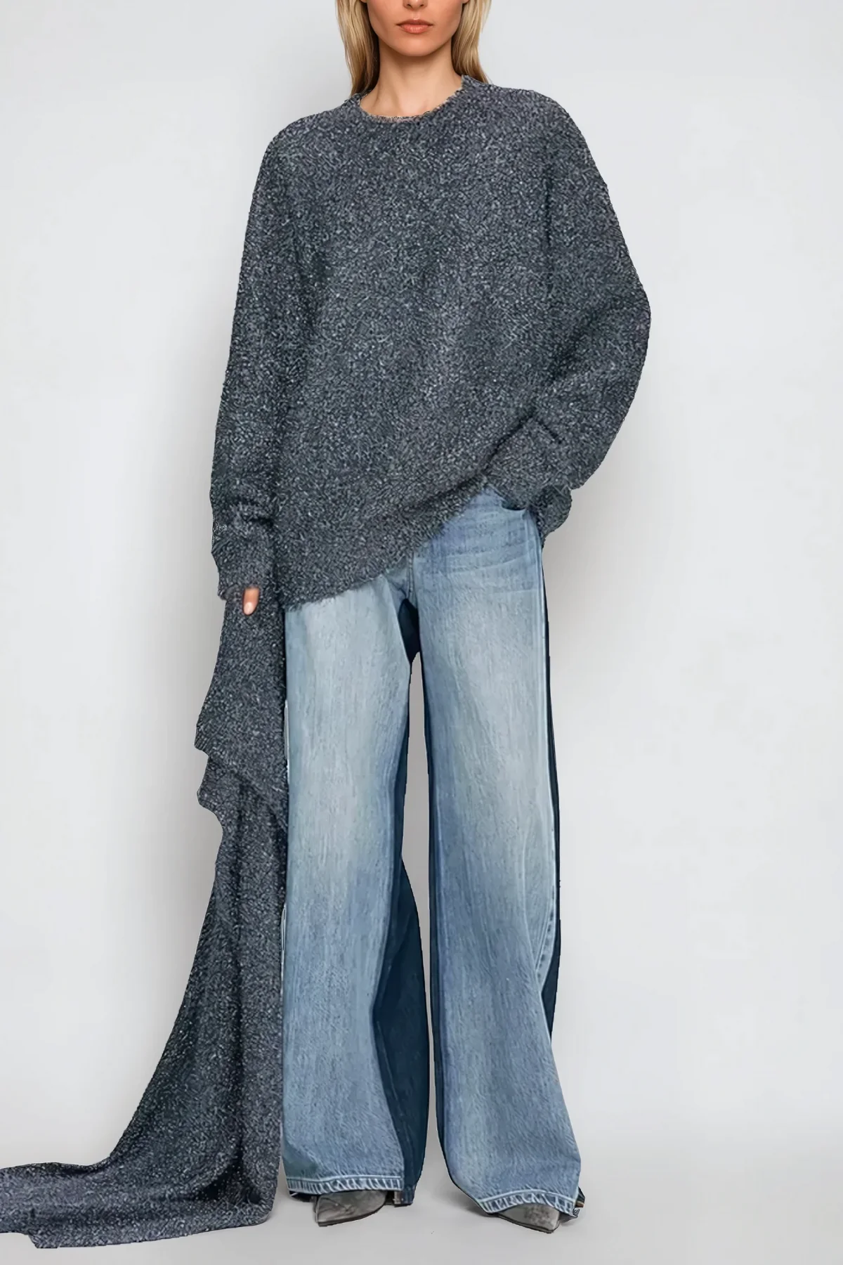 Blue Deconstructed Wide Leg Jeans
