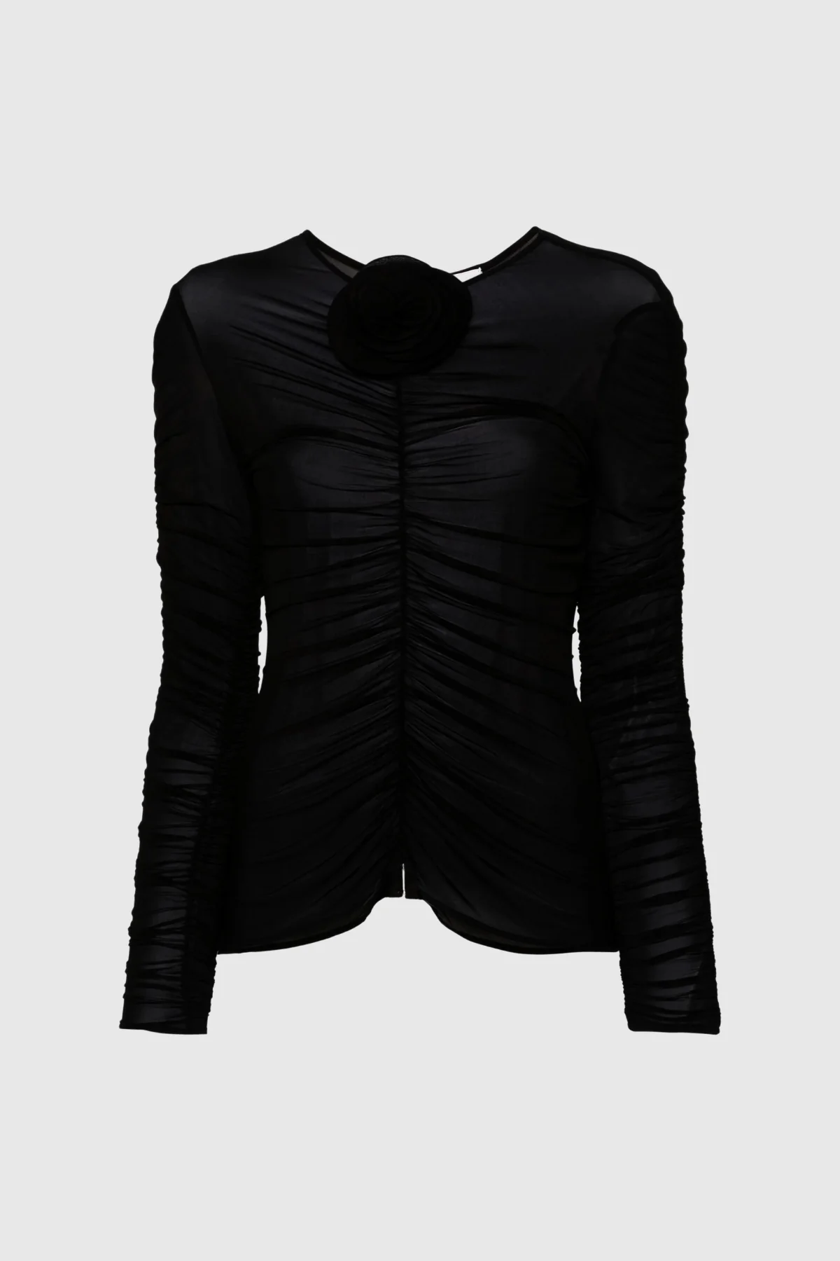 Floral Mesh Ruched Top in Black - Elegant and Comfortable