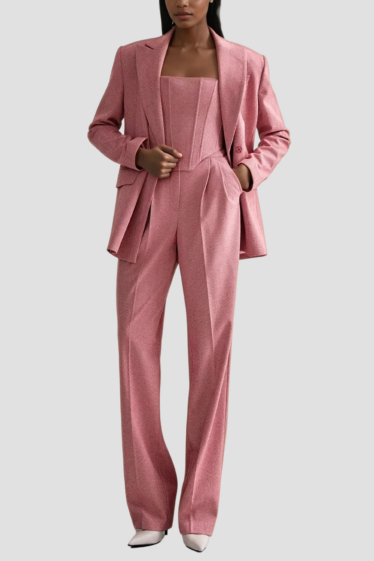 Pink Lapel Strapless Three-Piece Pants Set