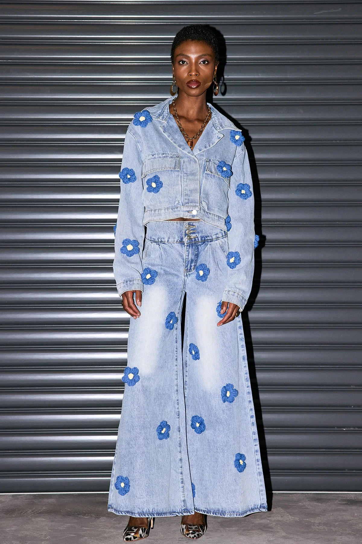 Floral Print Wide Leg Denim Jeans