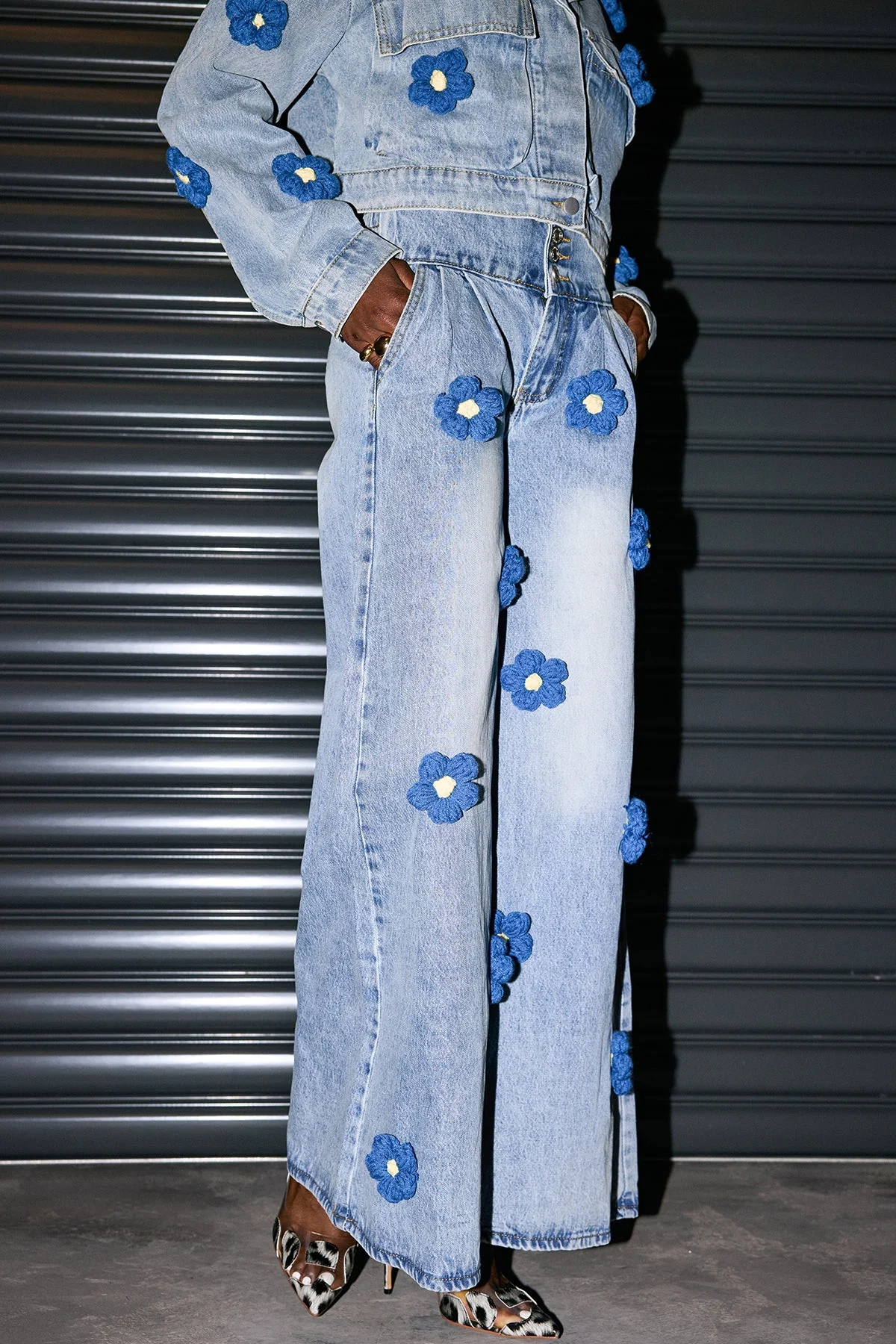 Floral Print Wide Leg Denim Jeans