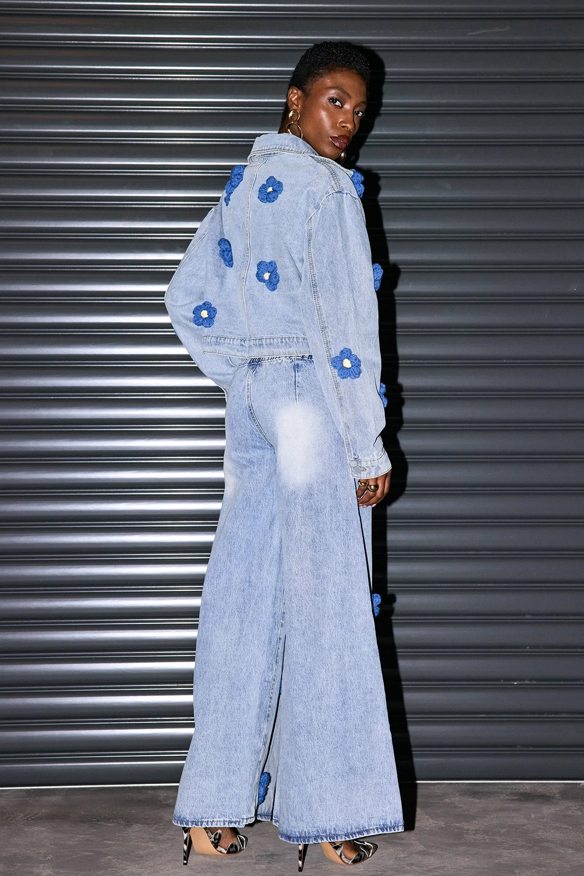 Floral Print Wide Leg Denim Jeans