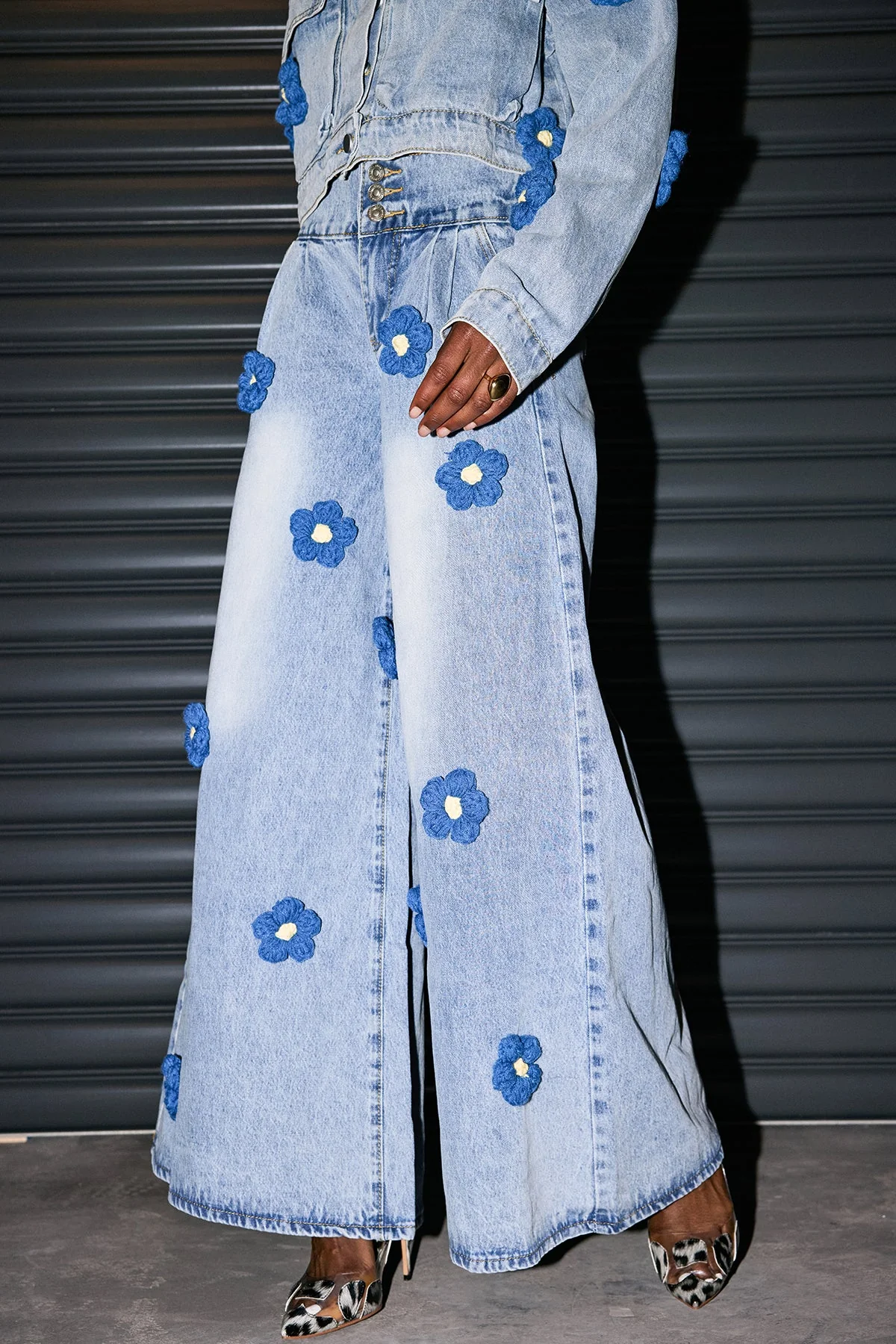 Floral Print Wide Leg Denim Jeans