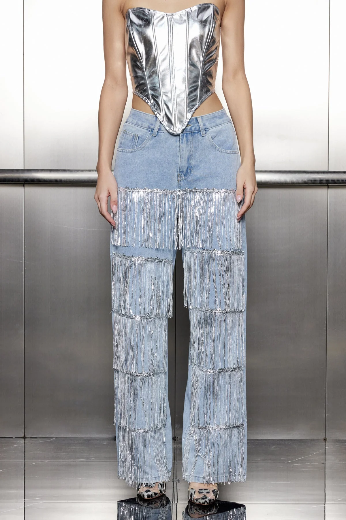 Glamorous Sequin Chain Straight Jeans - Trendy Fashion