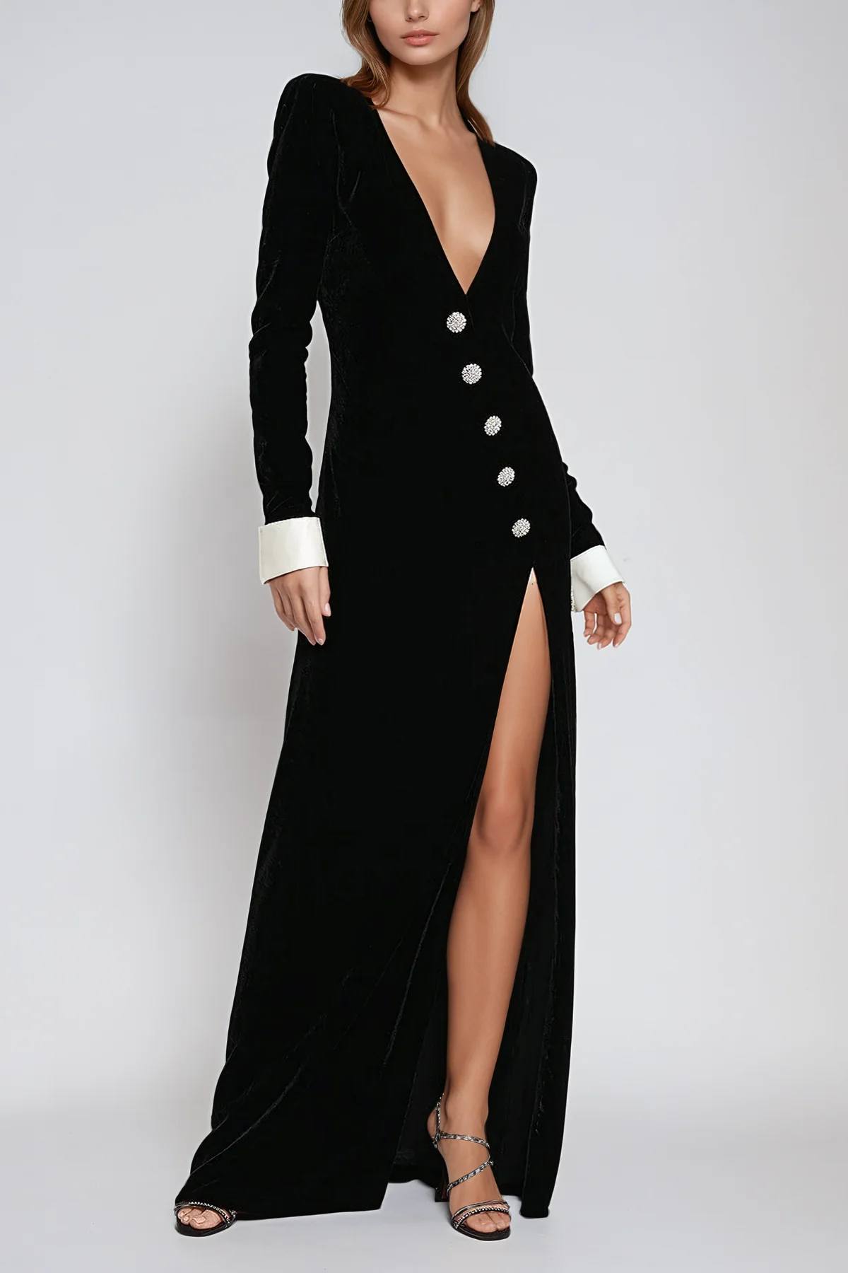 Black Split Maxi Dress - Elegant Button Detail Design