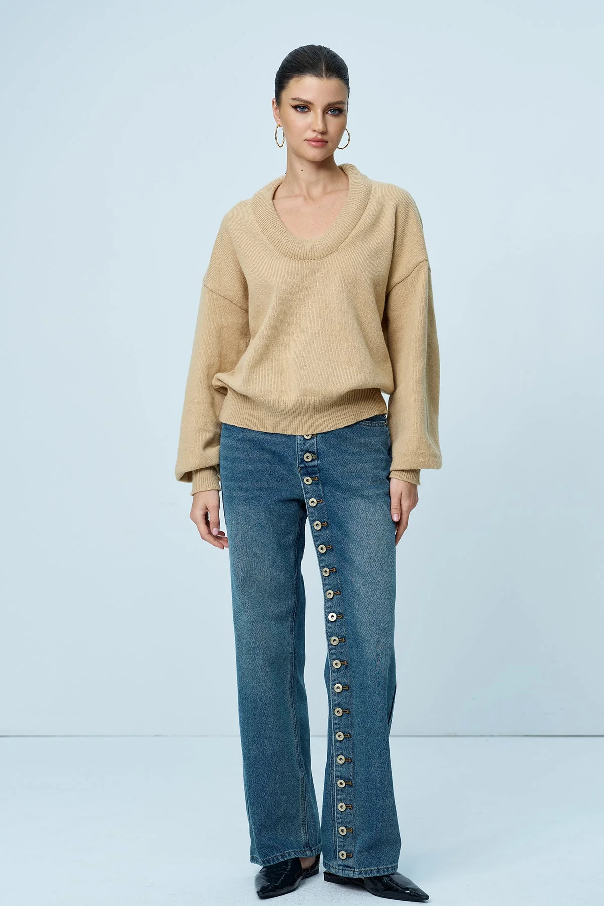 Khaki Knit Long Sleeve Plunge Top S