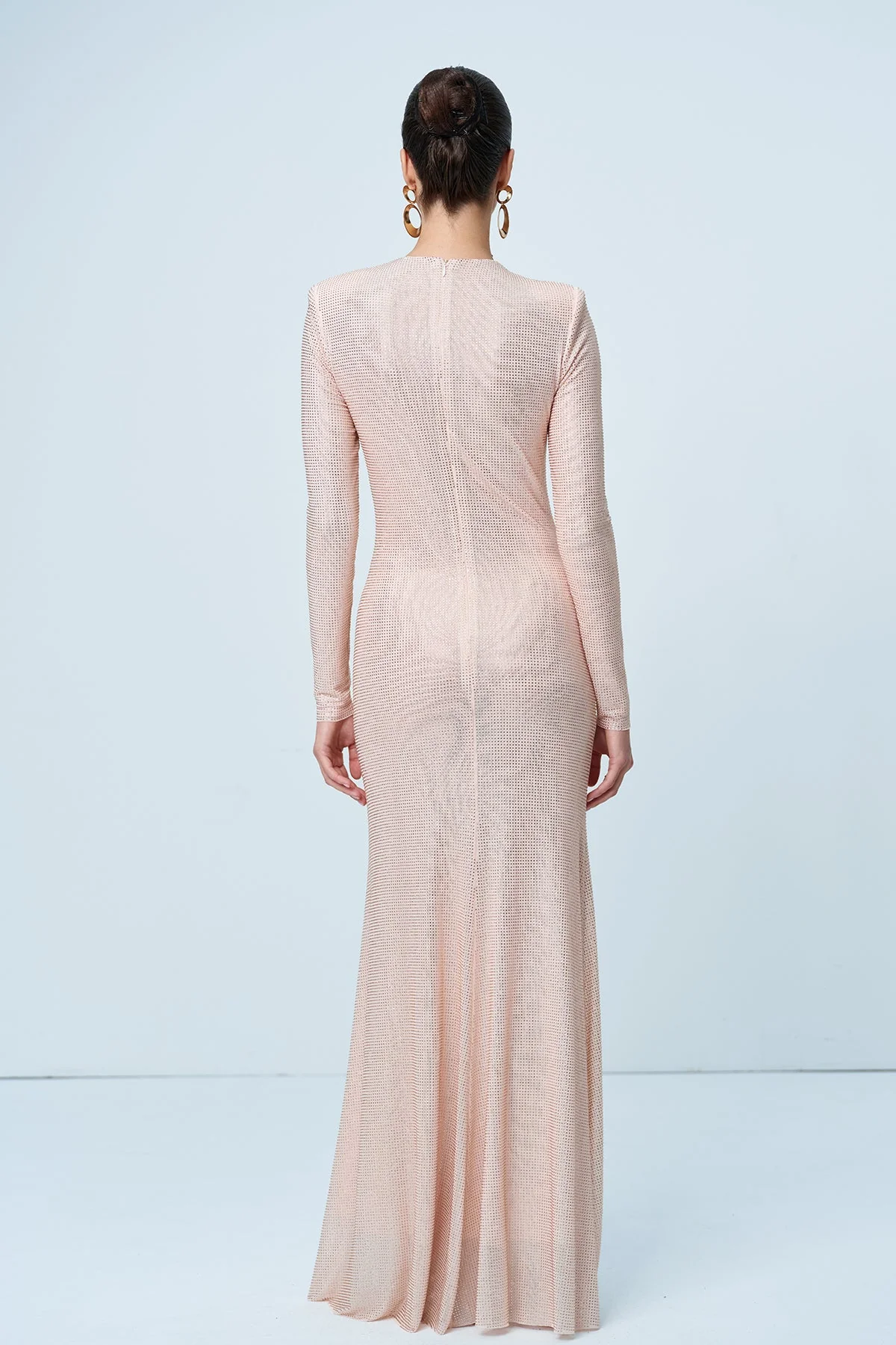 Apricot Rhinestone Cutout Ruch Maxi Dress