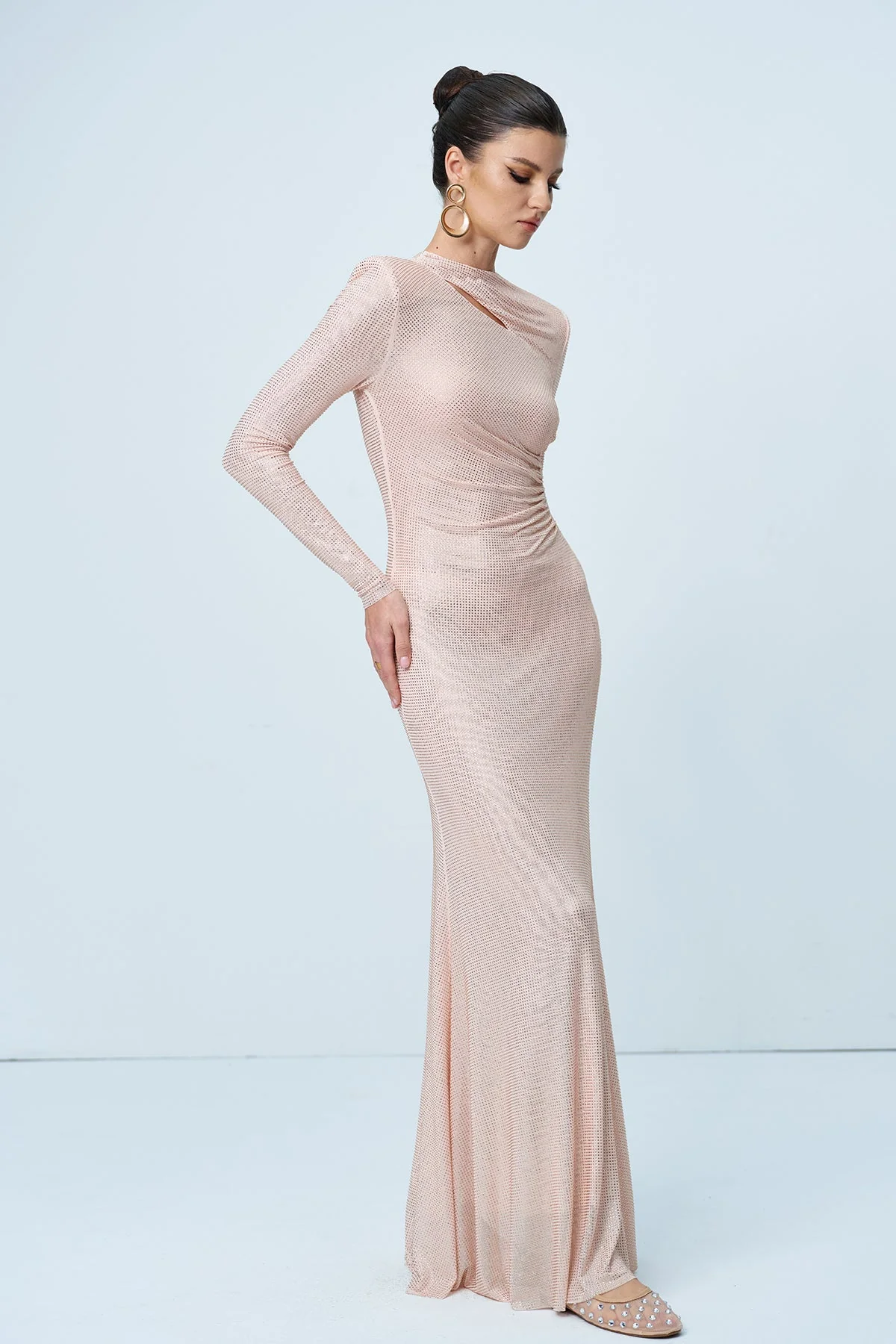 Apricot Rhinestone Cutout Ruch Maxi Dress