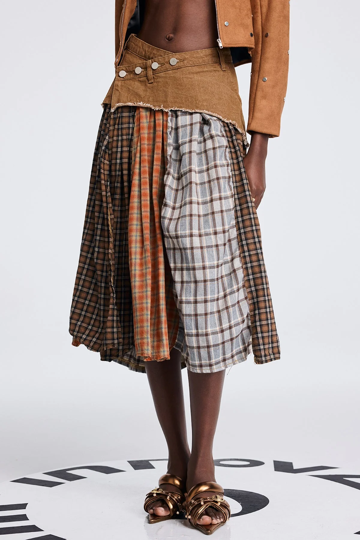 Sophisticated Grid Ruffle Fringe Brown Skirt