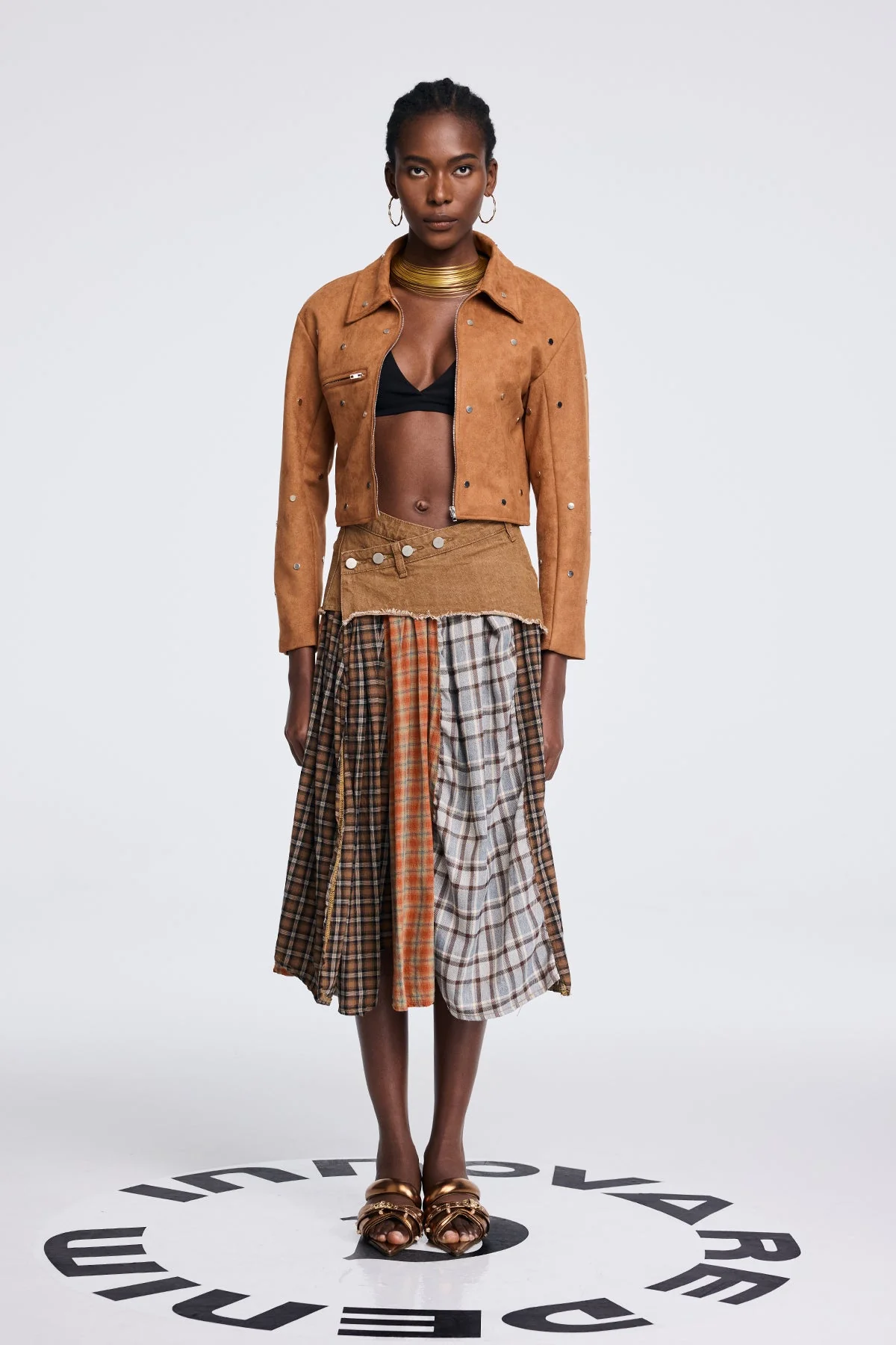 Sophisticated Grid Ruffle Fringe Brown Skirt