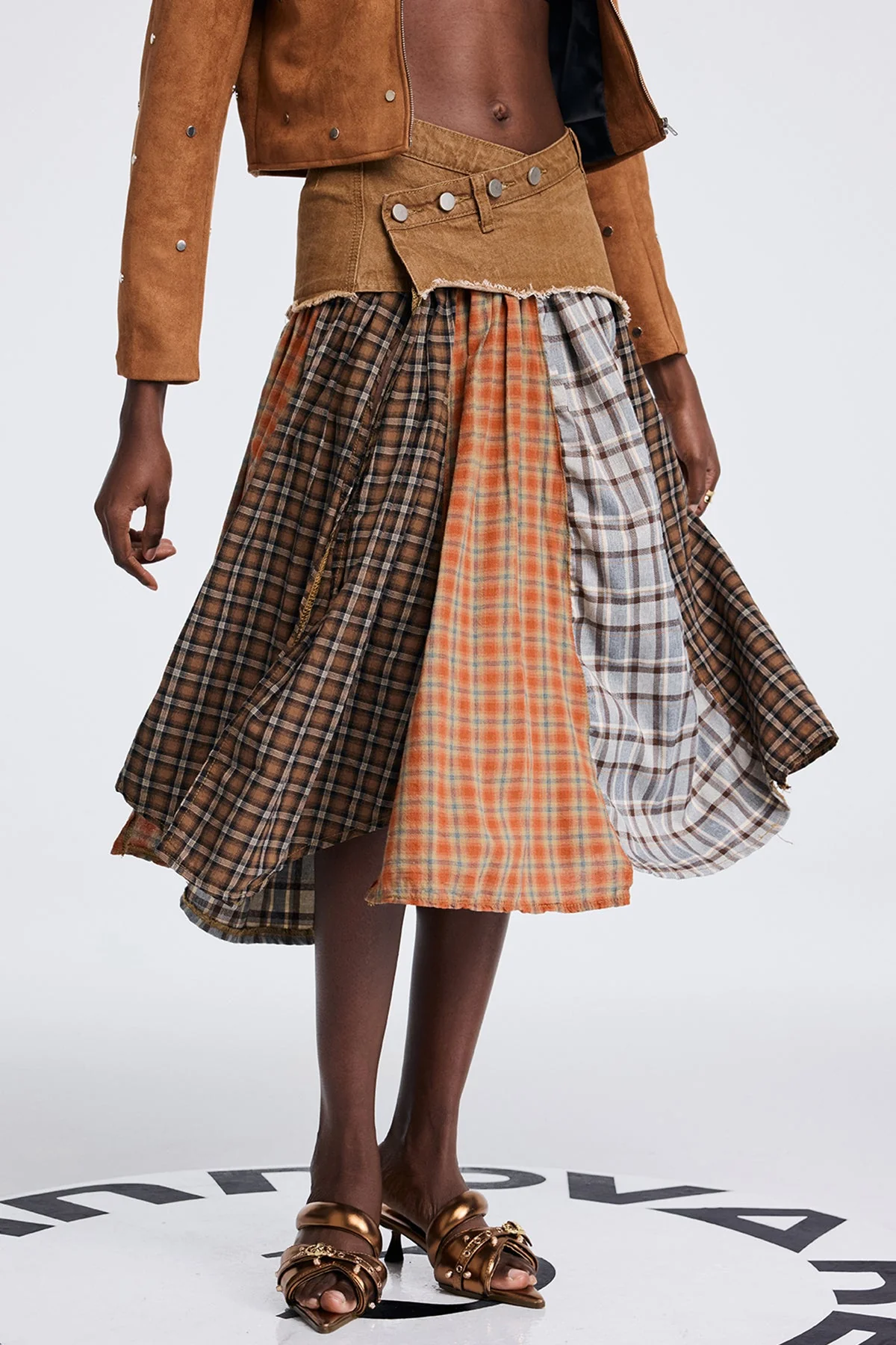 Sophisticated Grid Ruffle Fringe Brown Skirt