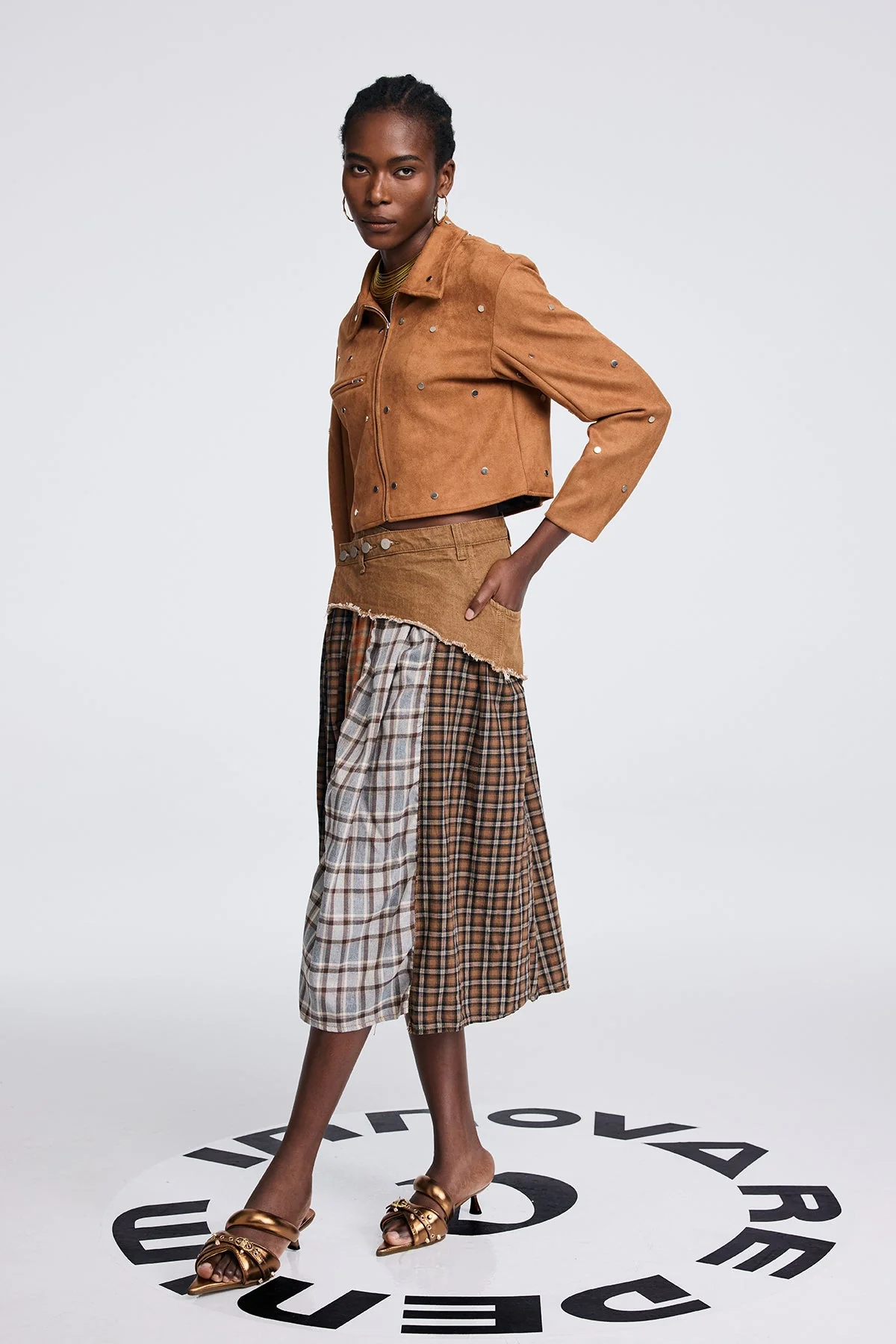 Sophisticated Grid Ruffle Fringe Brown Skirt