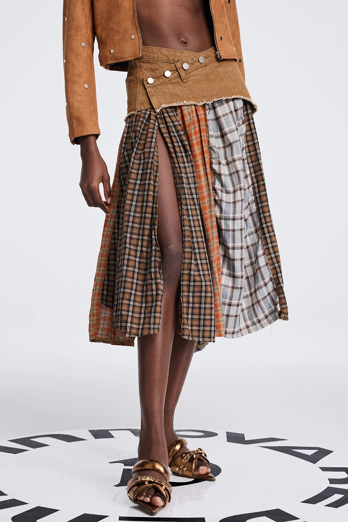 Sophisticated Grid Ruffle Fringe Brown Skirt