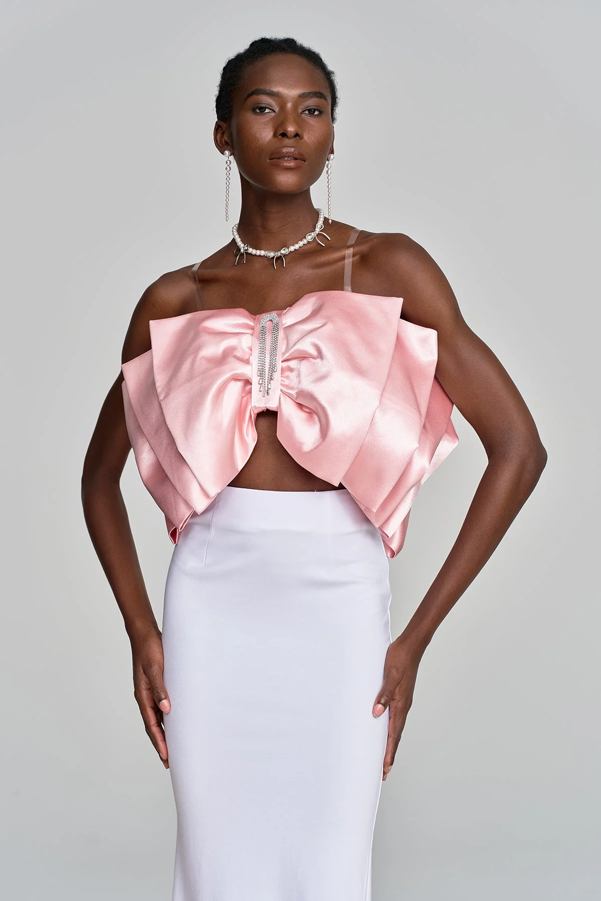 Satin Bow Top with Rhinestone Detailing