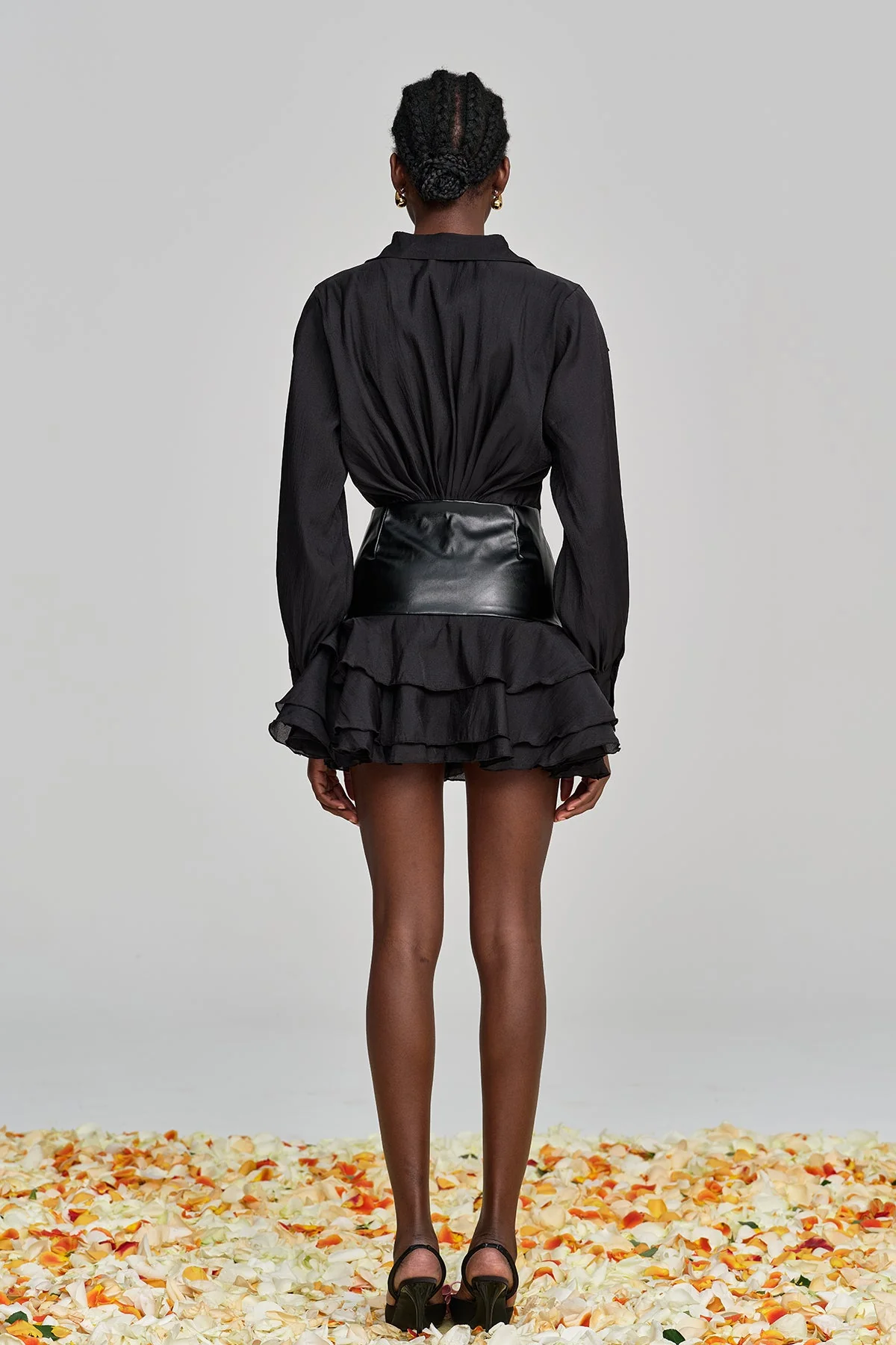 Ruched Ruffle Leather Buckle Mesh Mini Dress in Black