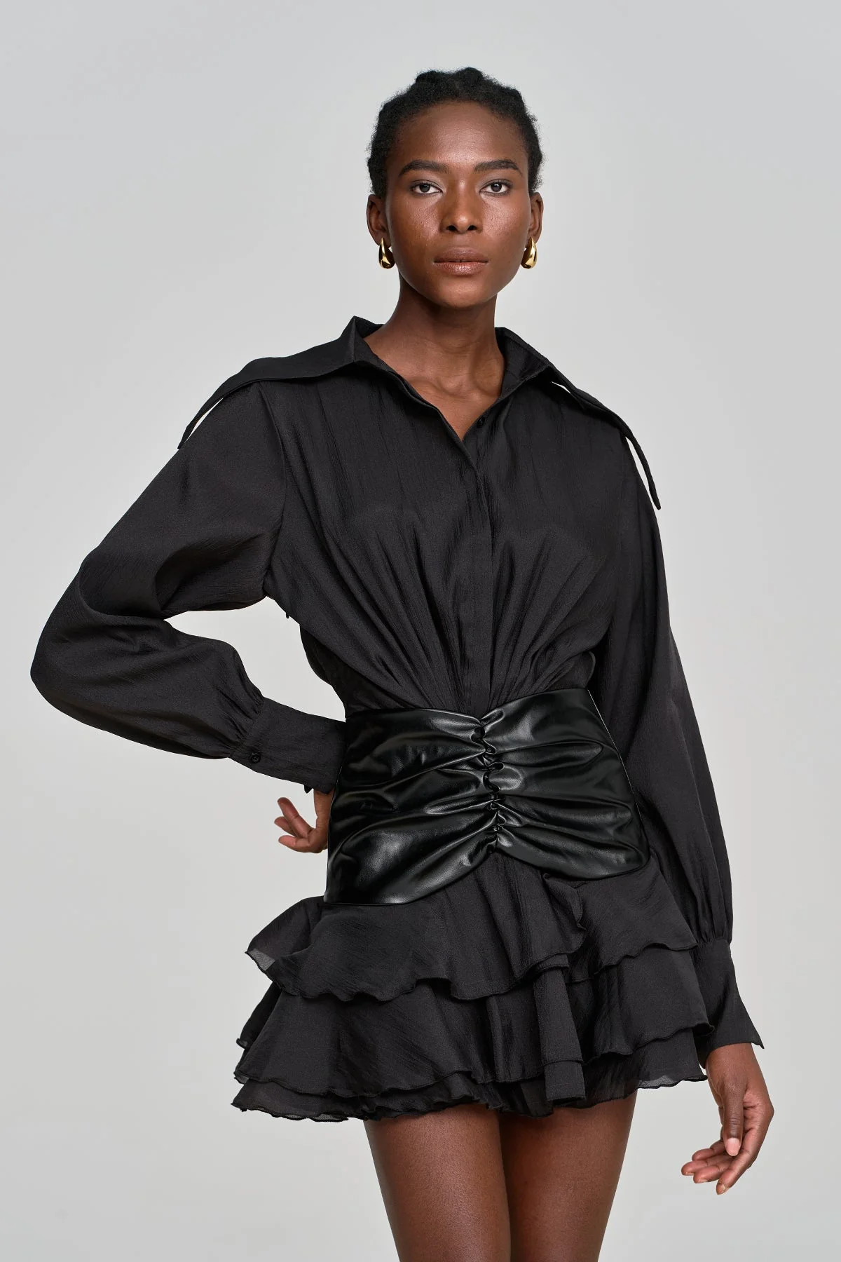 Ruched Ruffle Leather Buckle Mesh Mini Dress in Black