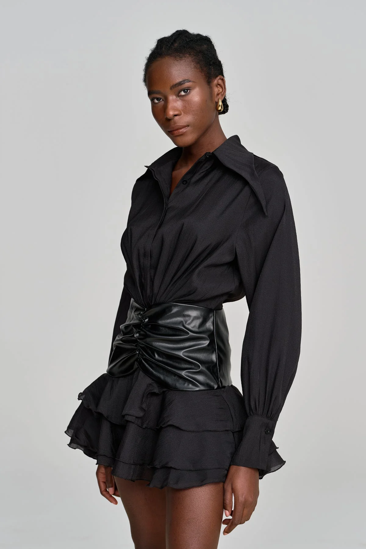 Ruched Ruffle Leather Buckle Mesh Mini Dress in Black