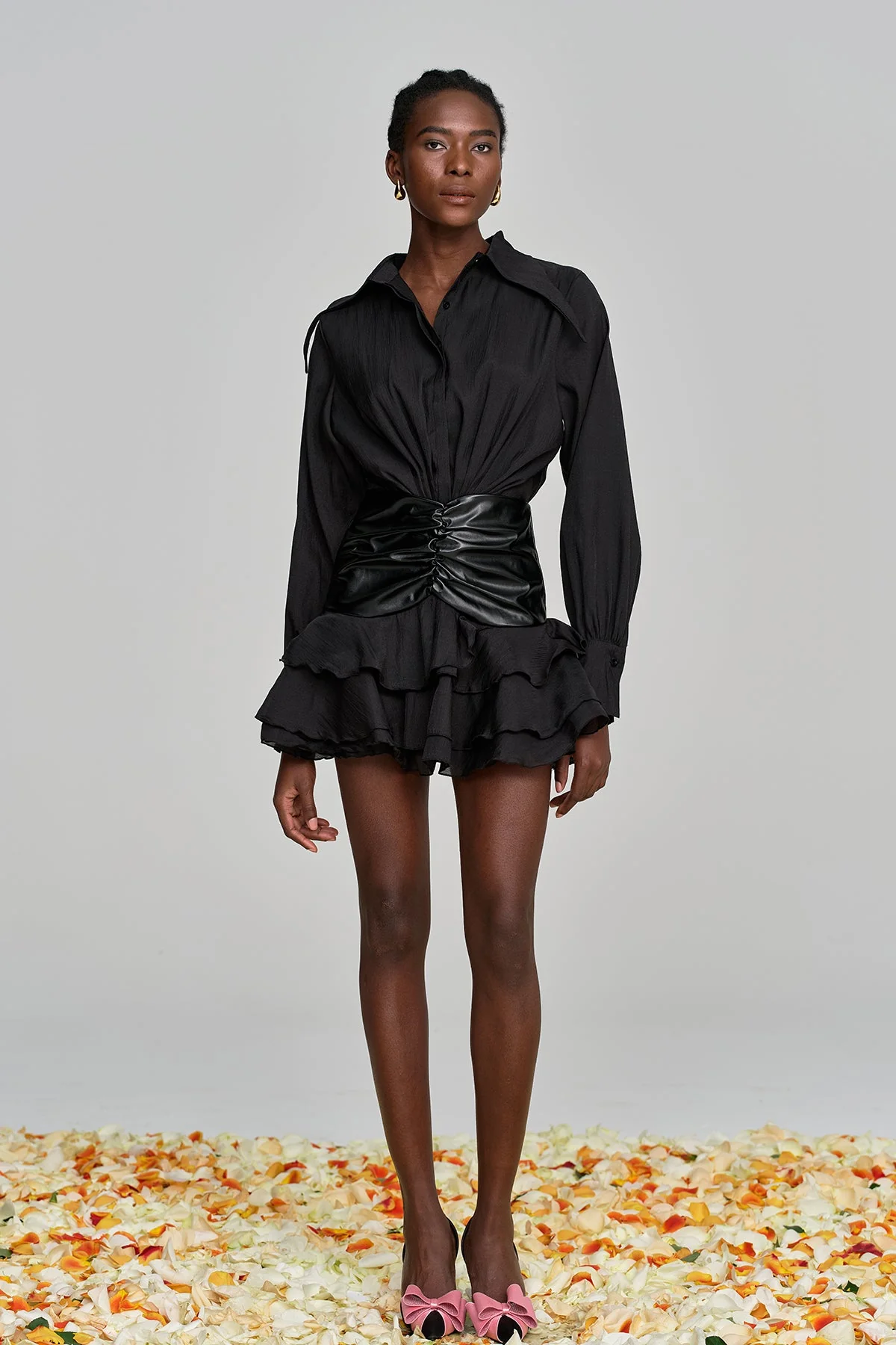 Ruched Ruffle Leather Buckle Mesh Mini Dress in Black