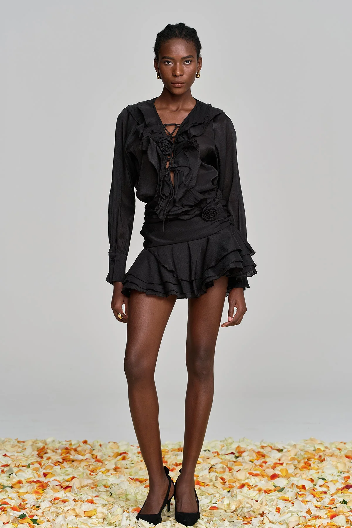 Black Flower Ruffle Skirt Set with Lace Detailing