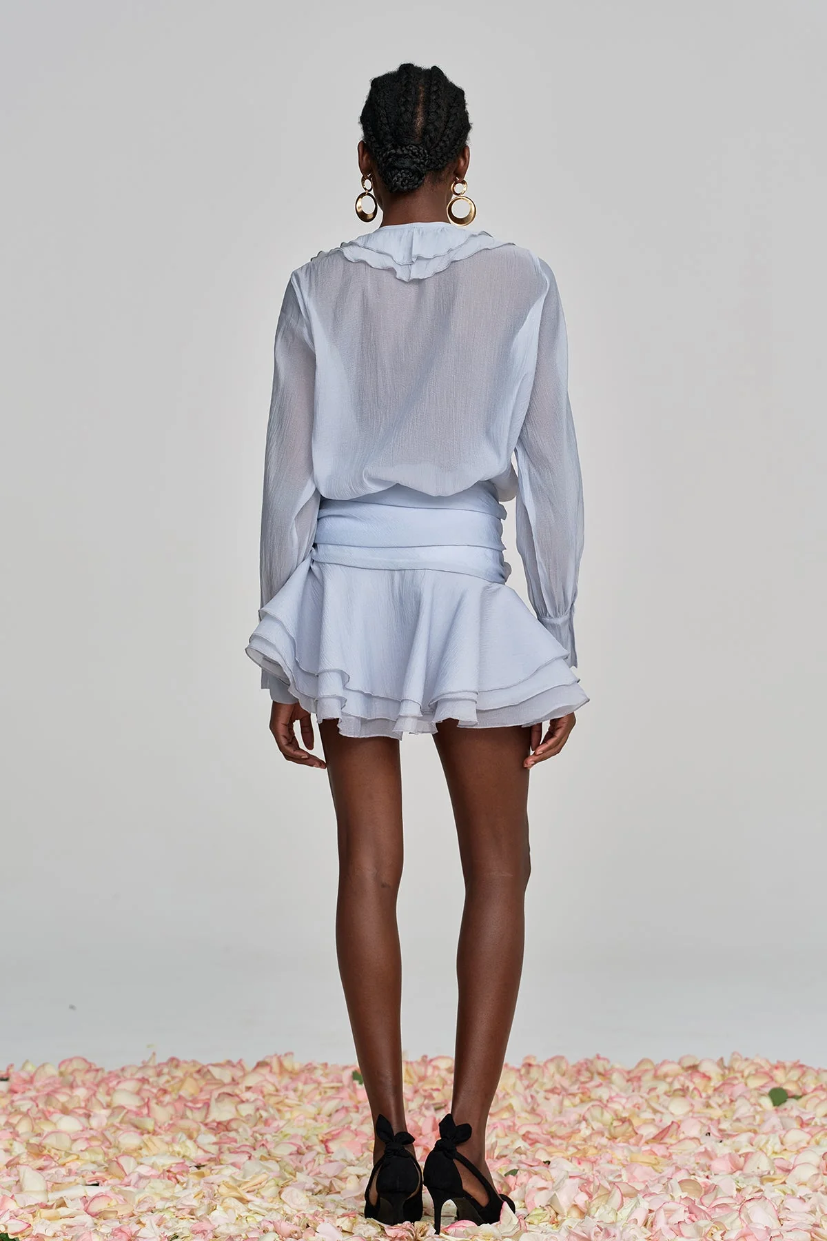 Blue Floral Lace Up Ruffle Skirt Set