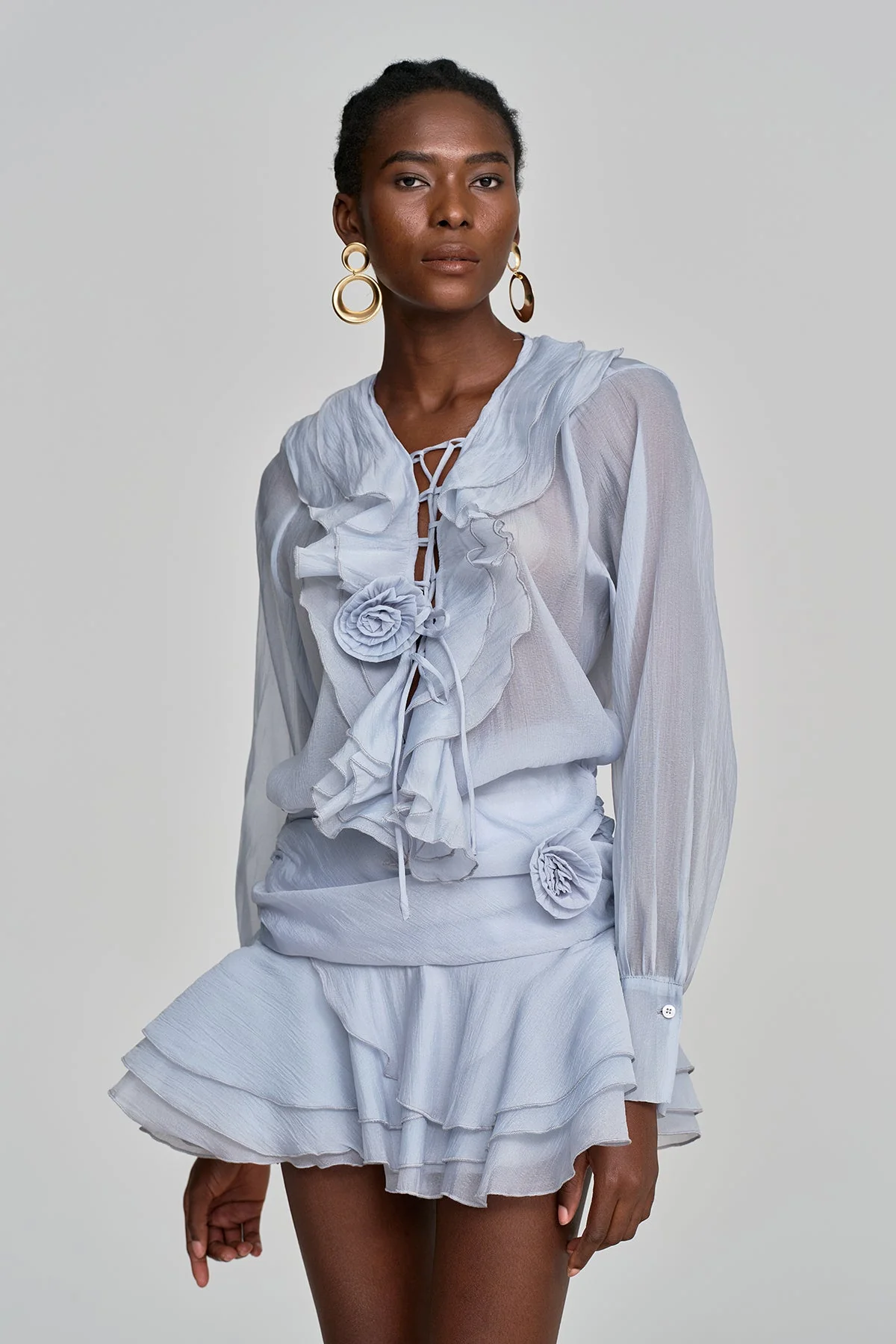 Blue Floral Lace Up Ruffle Skirt Set