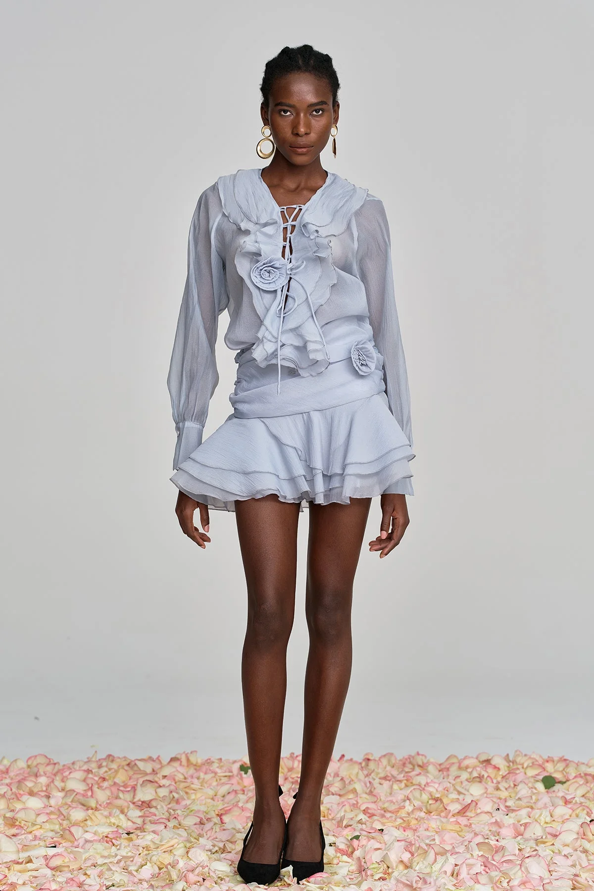 Blue Floral Lace Up Ruffle Skirt Set