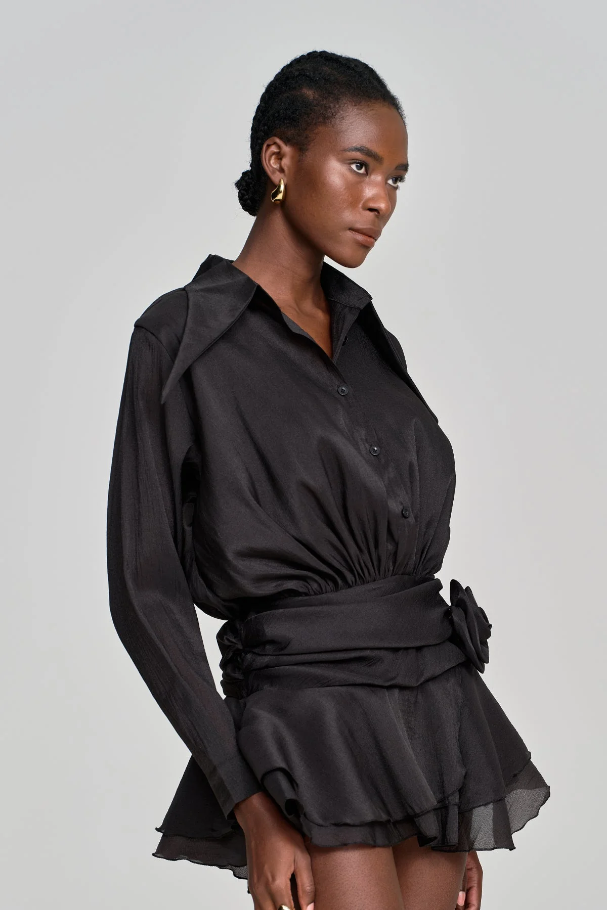 Black Flower Ruch Ruffle Mini Dress