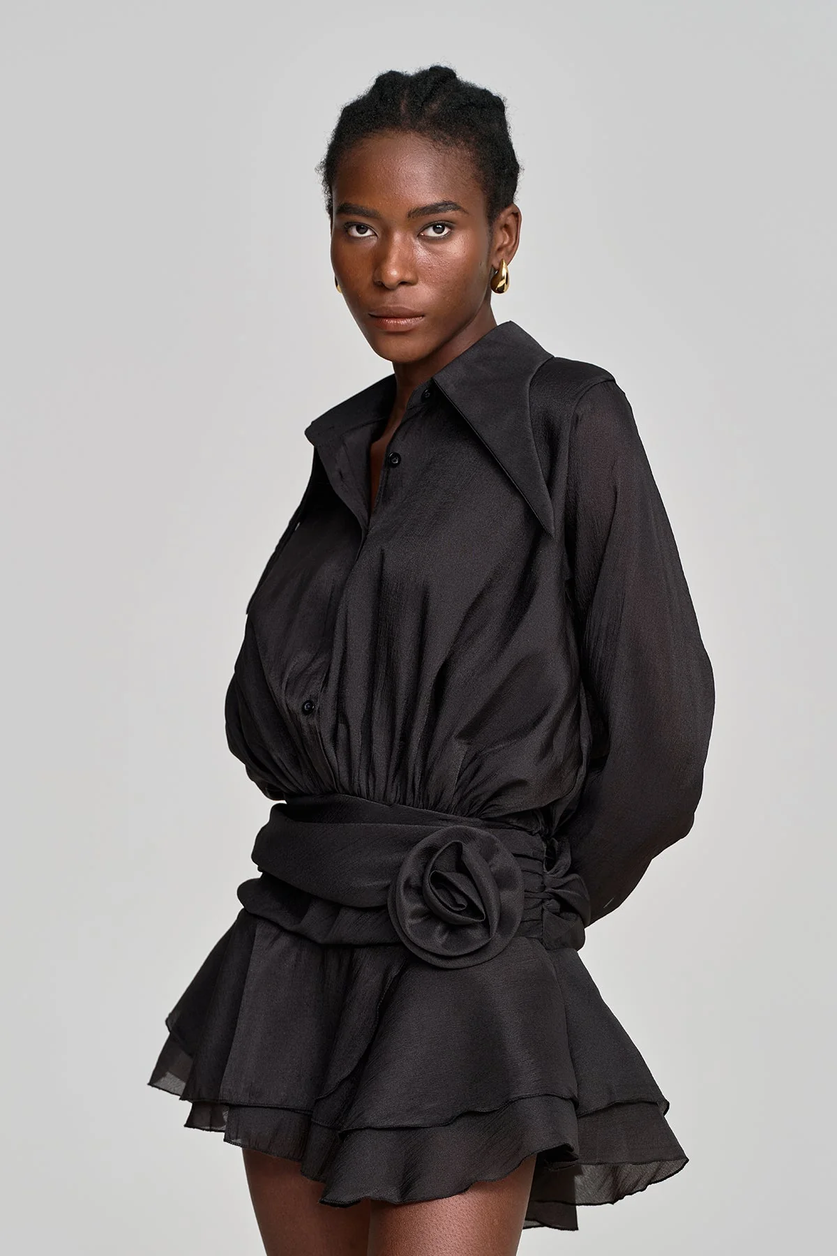 Black Flower Ruch Ruffle Mini Dress