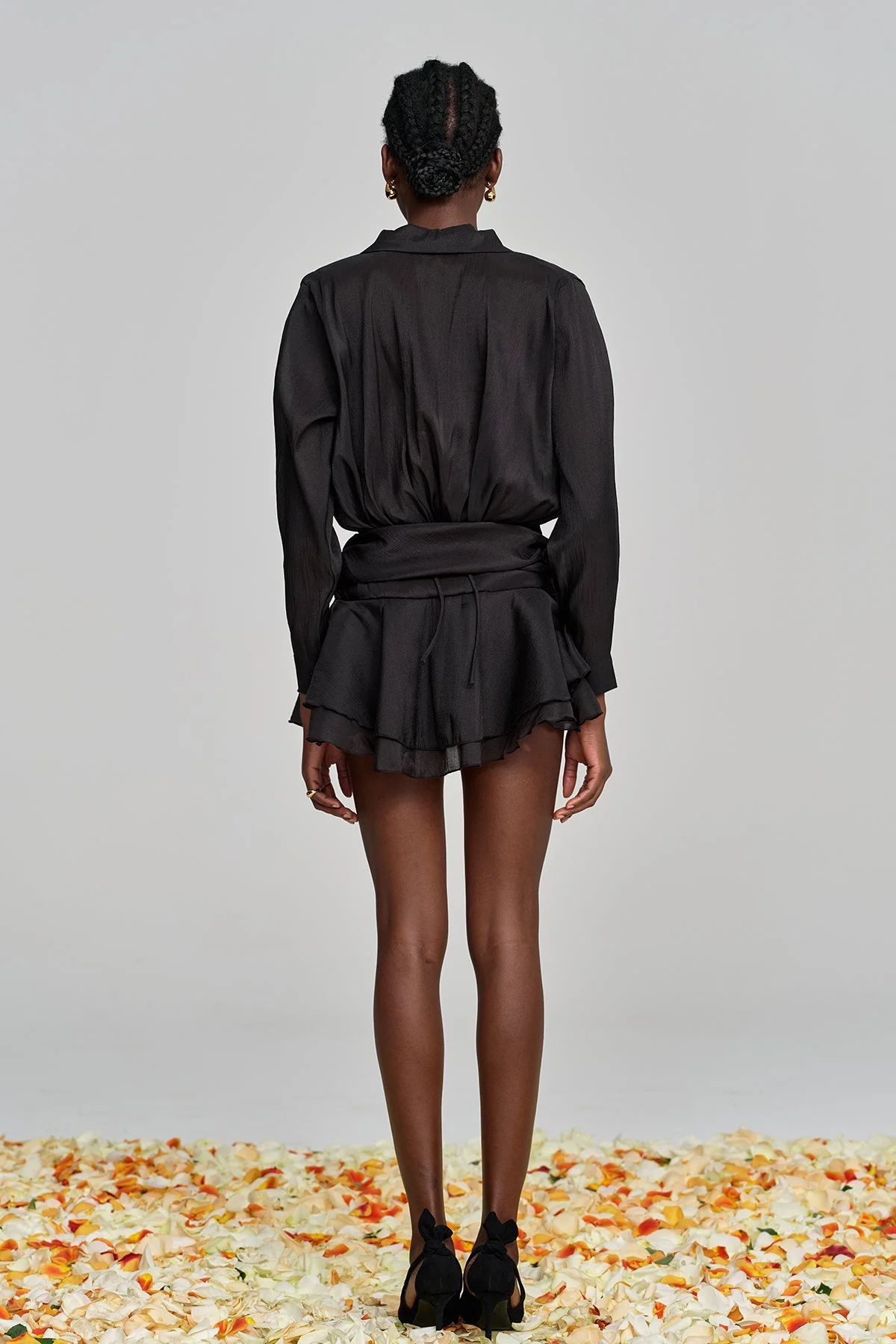 Black Flower Ruch Ruffle Mini Dress