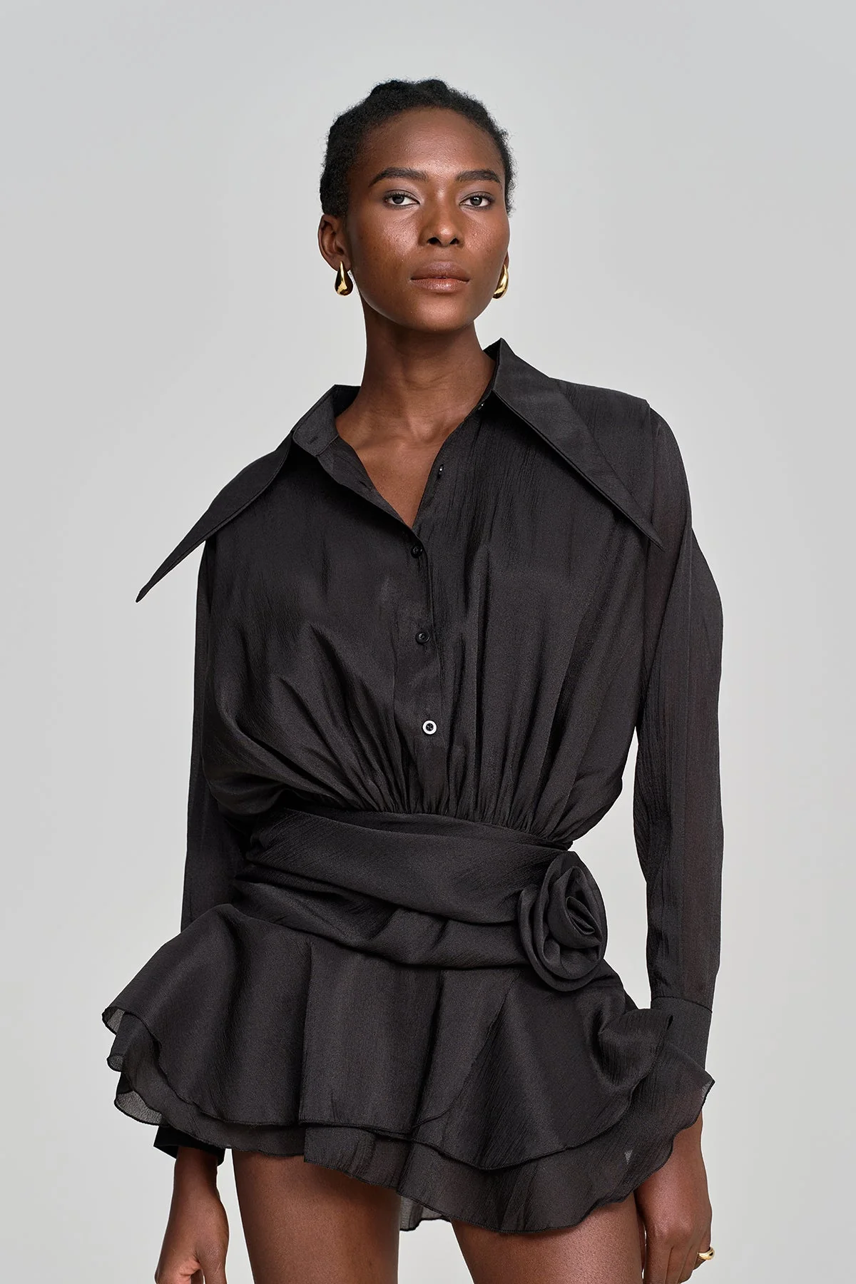 Black Flower Ruch Ruffle Mini Dress