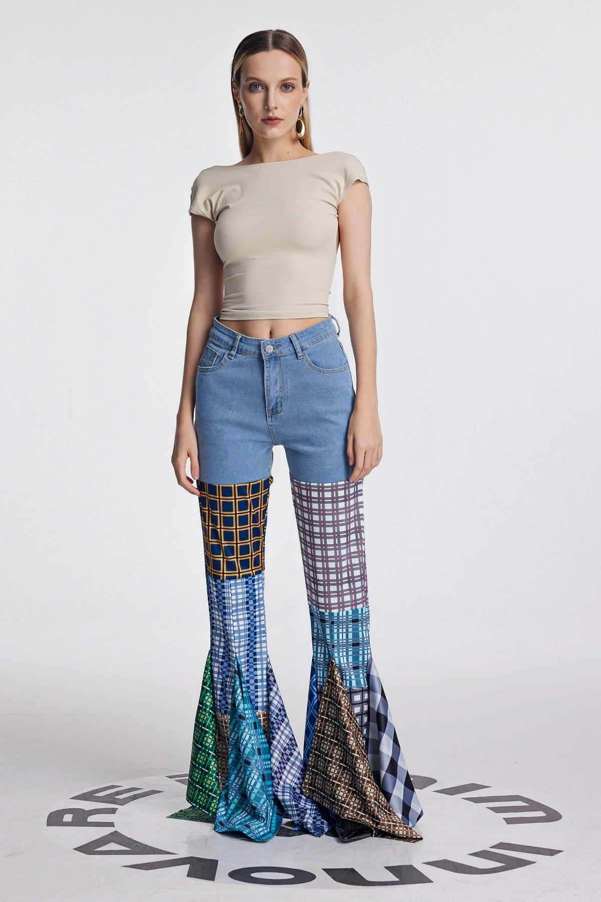 Blue Grid Ruffle Deconstruct Pants