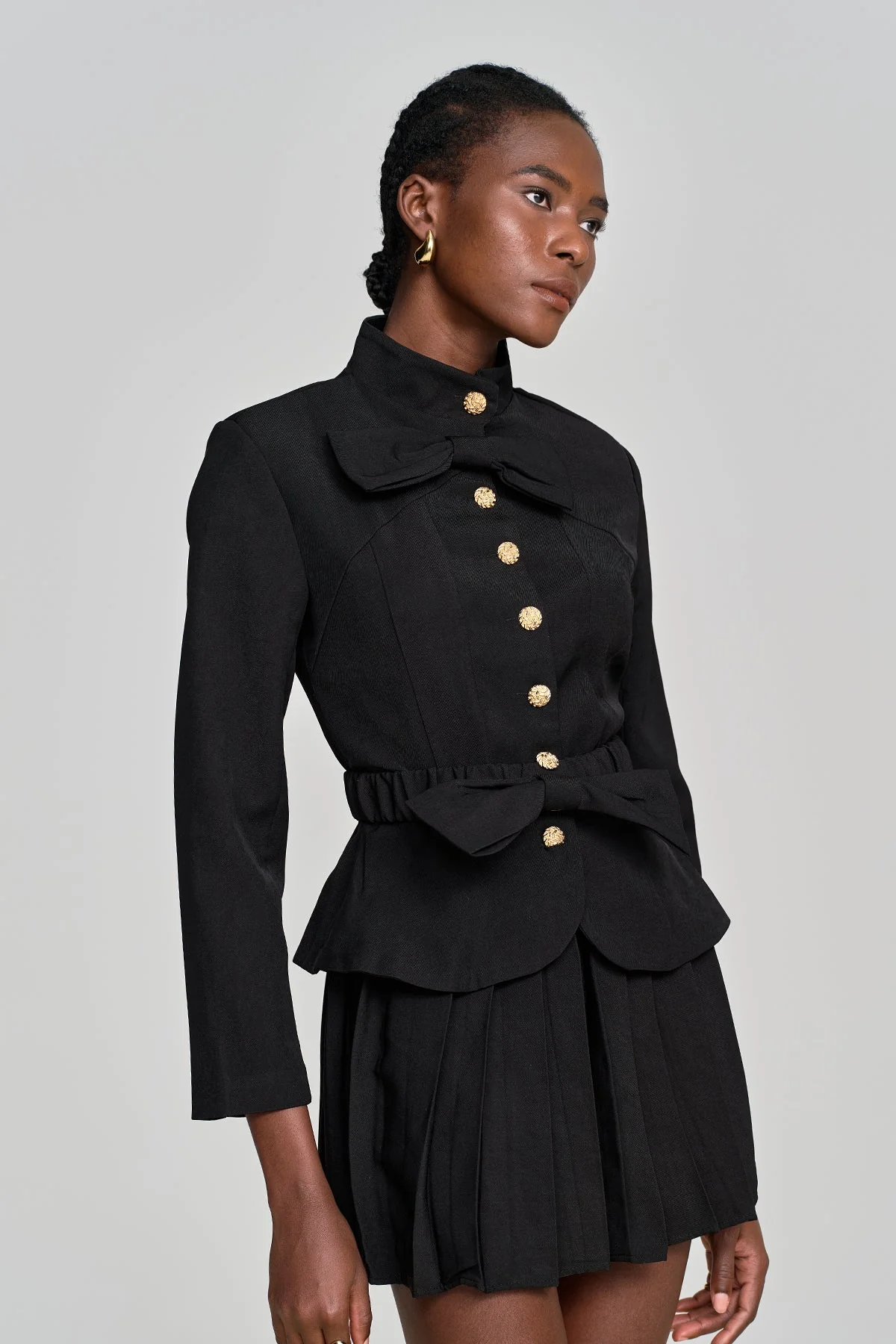 Black Button Bow Skirt Set for Stylish Wear