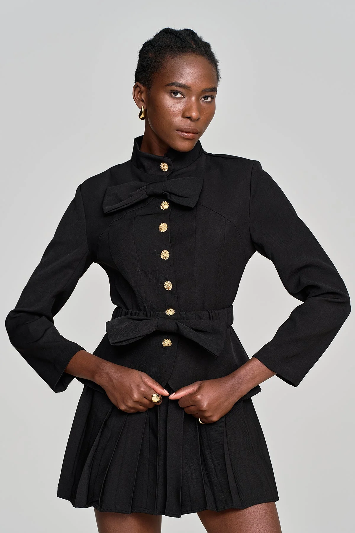 Black Button Bow Skirt Set for Stylish Wear