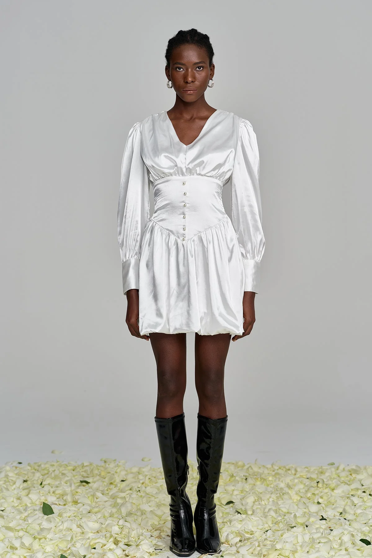 White Satin Ruched Mini Dress - Elegant V Neck Style