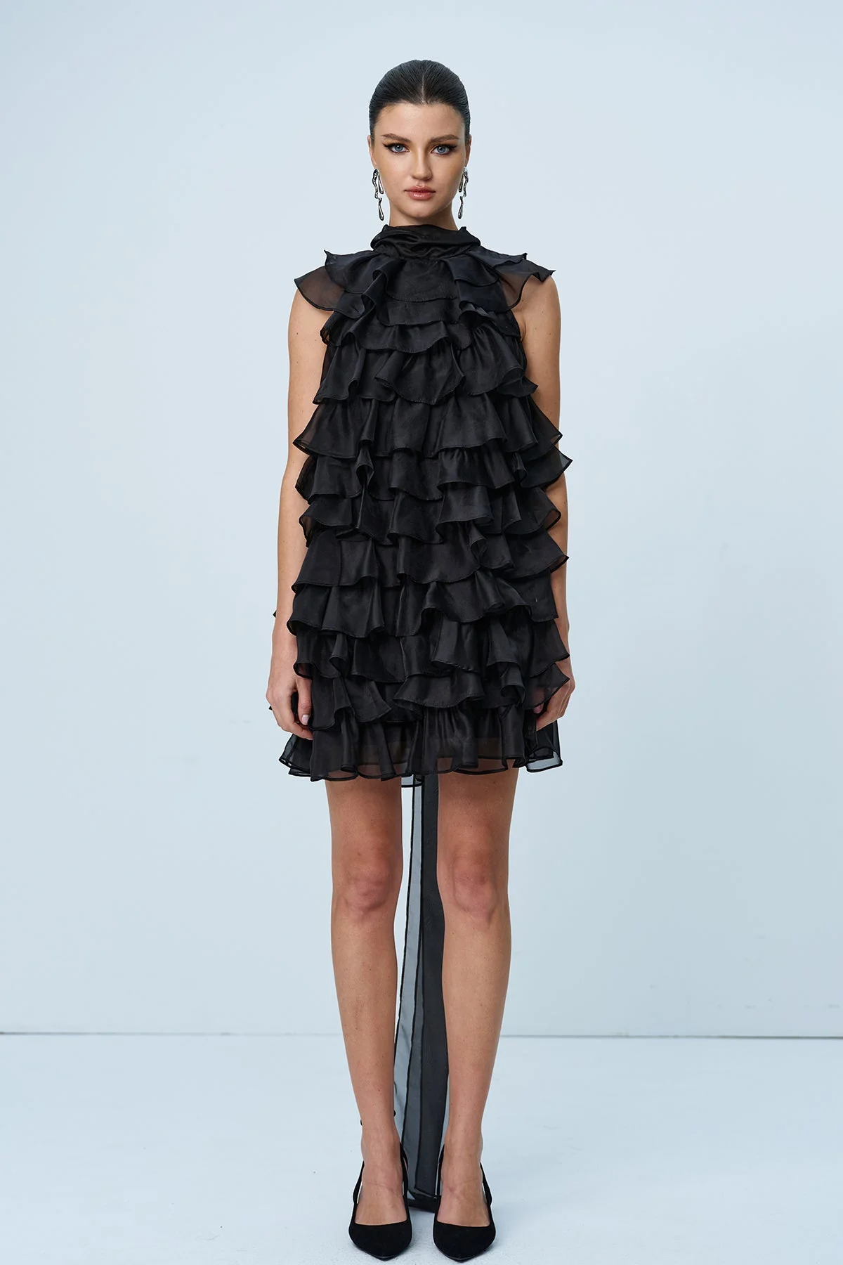 Feminine Black Ruffle Sleeveless Mini Dress