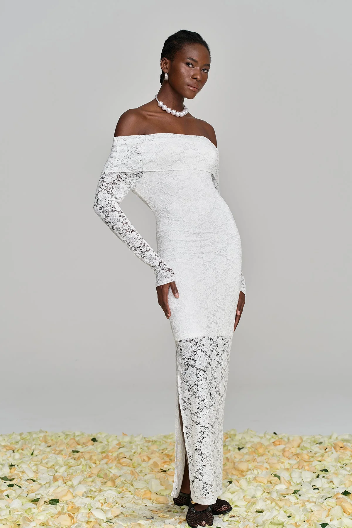 White Off Shoulder Lace Maxi Dress