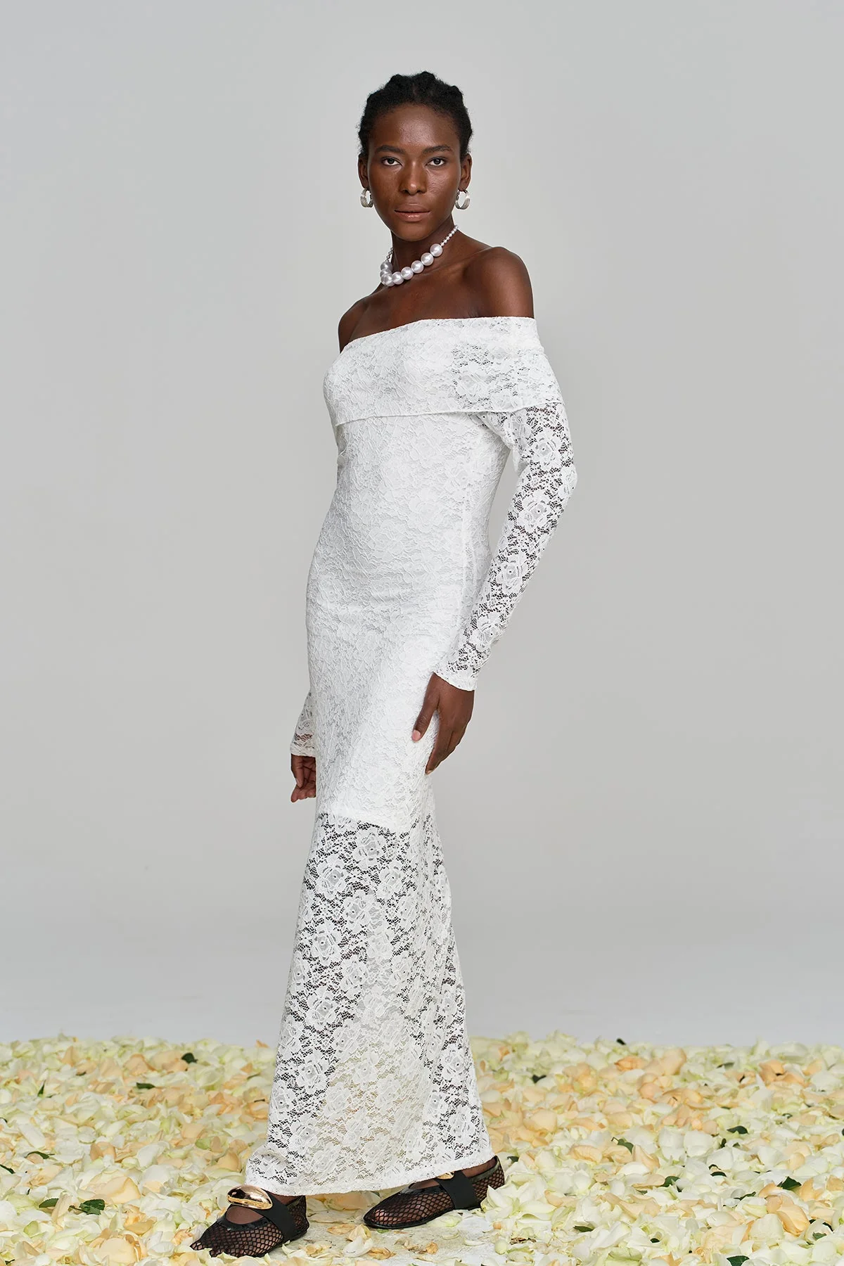 White Off Shoulder Lace Maxi Dress