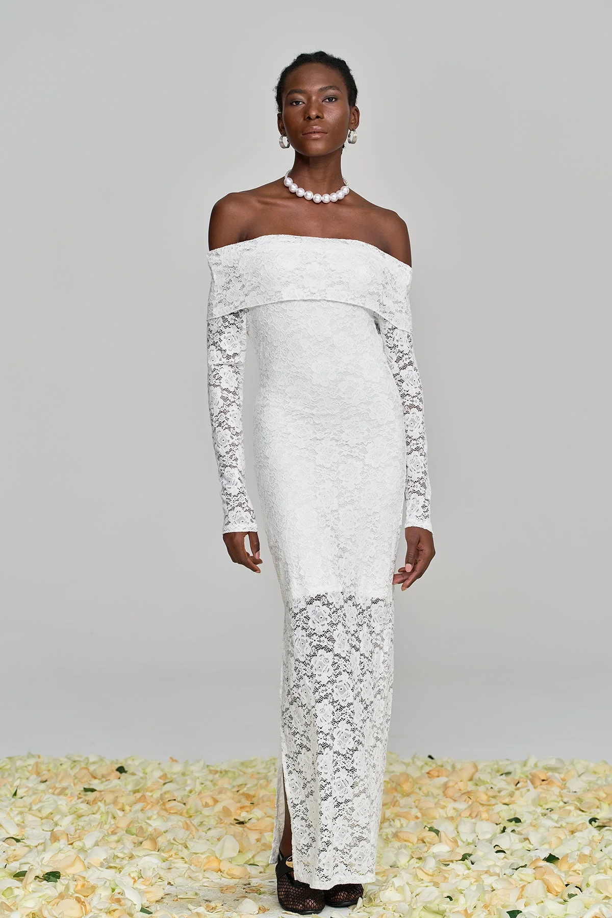 White Off Shoulder Lace Maxi Dress