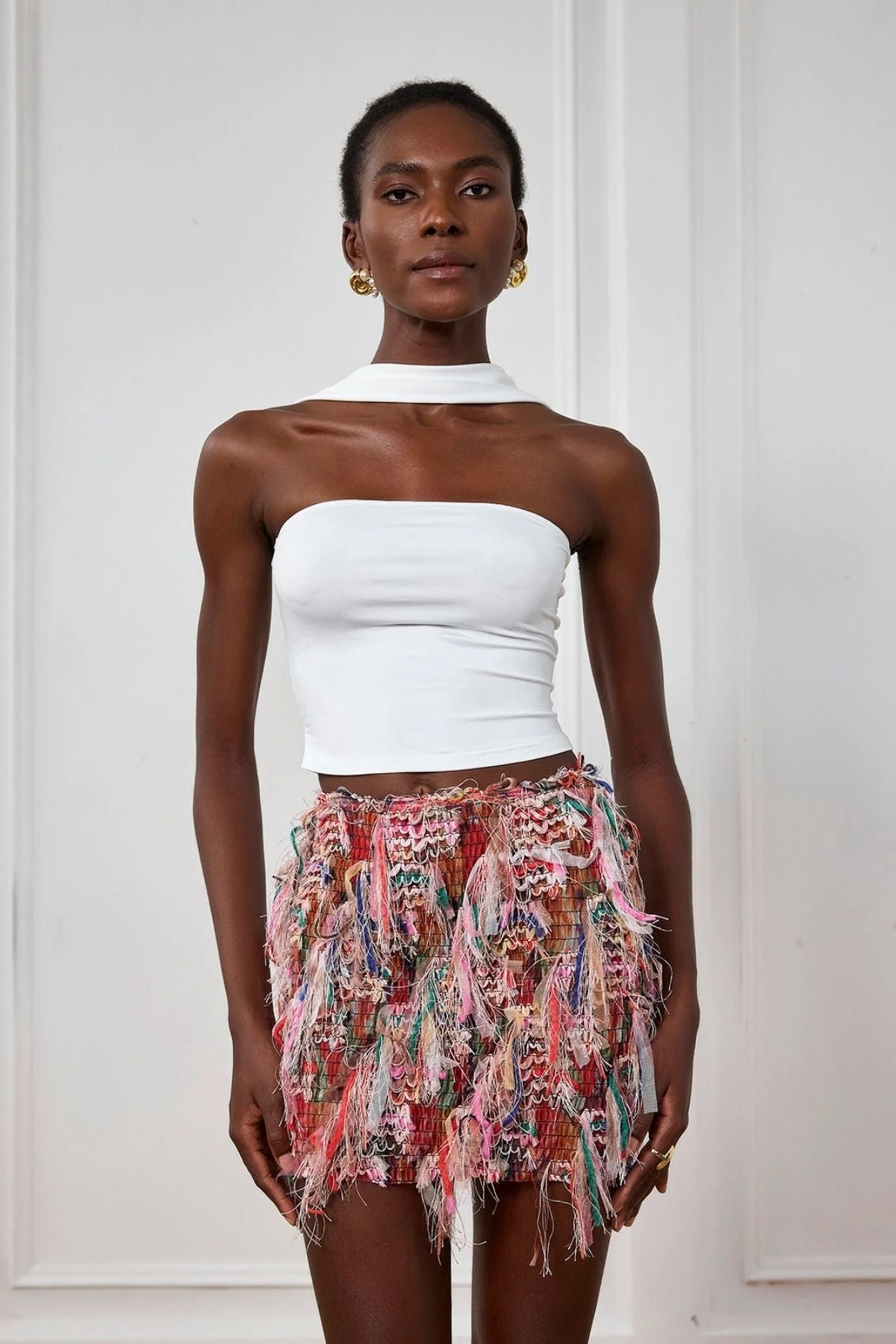 Fringe Striped Mini Skirt in Pink Black Khaki