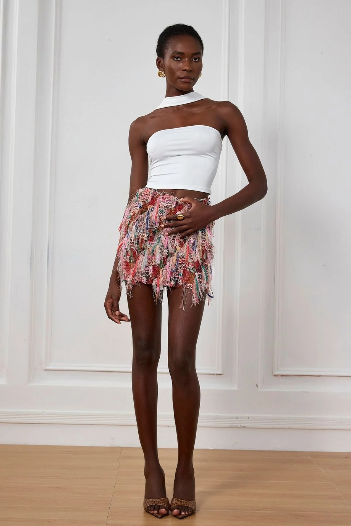 Fringe Striped Mini Skirt in Pink Black Khaki