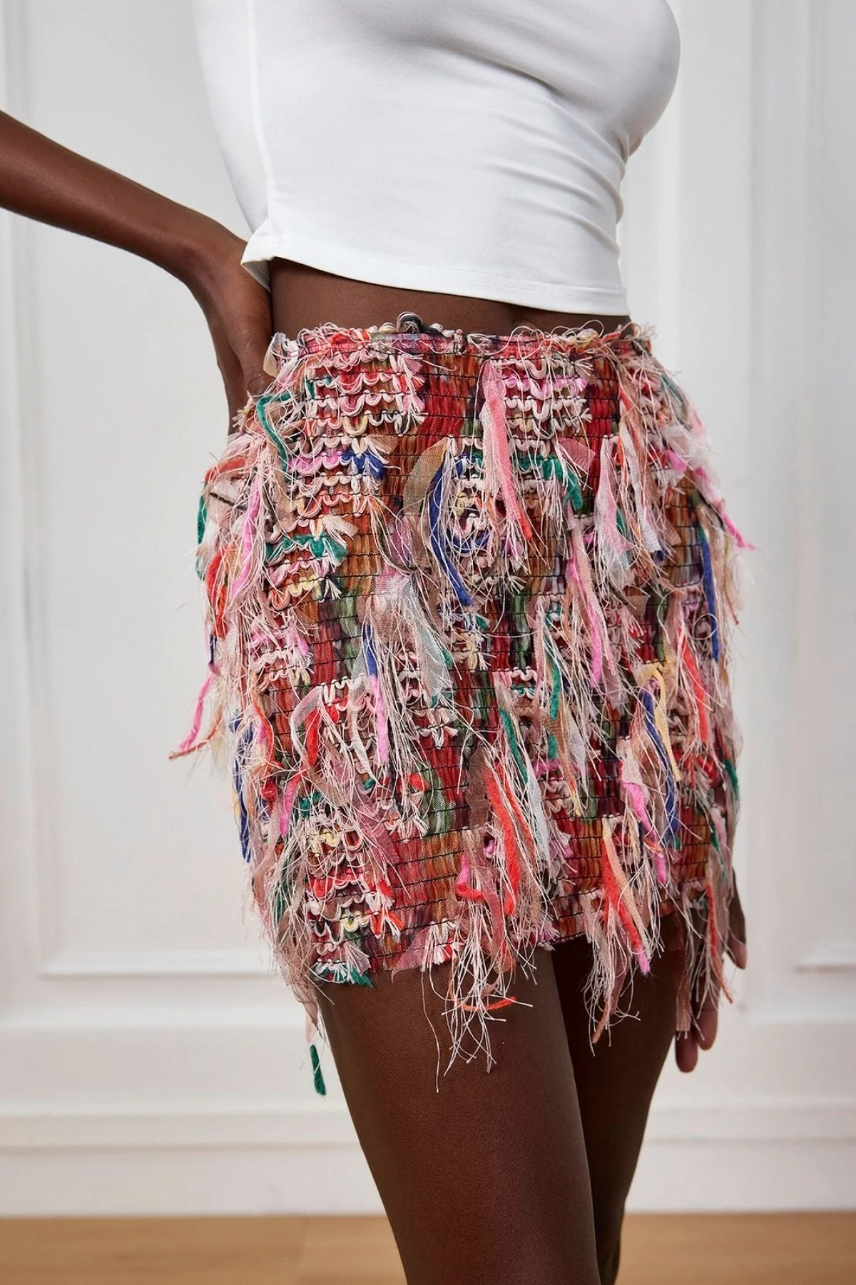 Fringe Striped Mini Skirt in Pink Black Khaki
